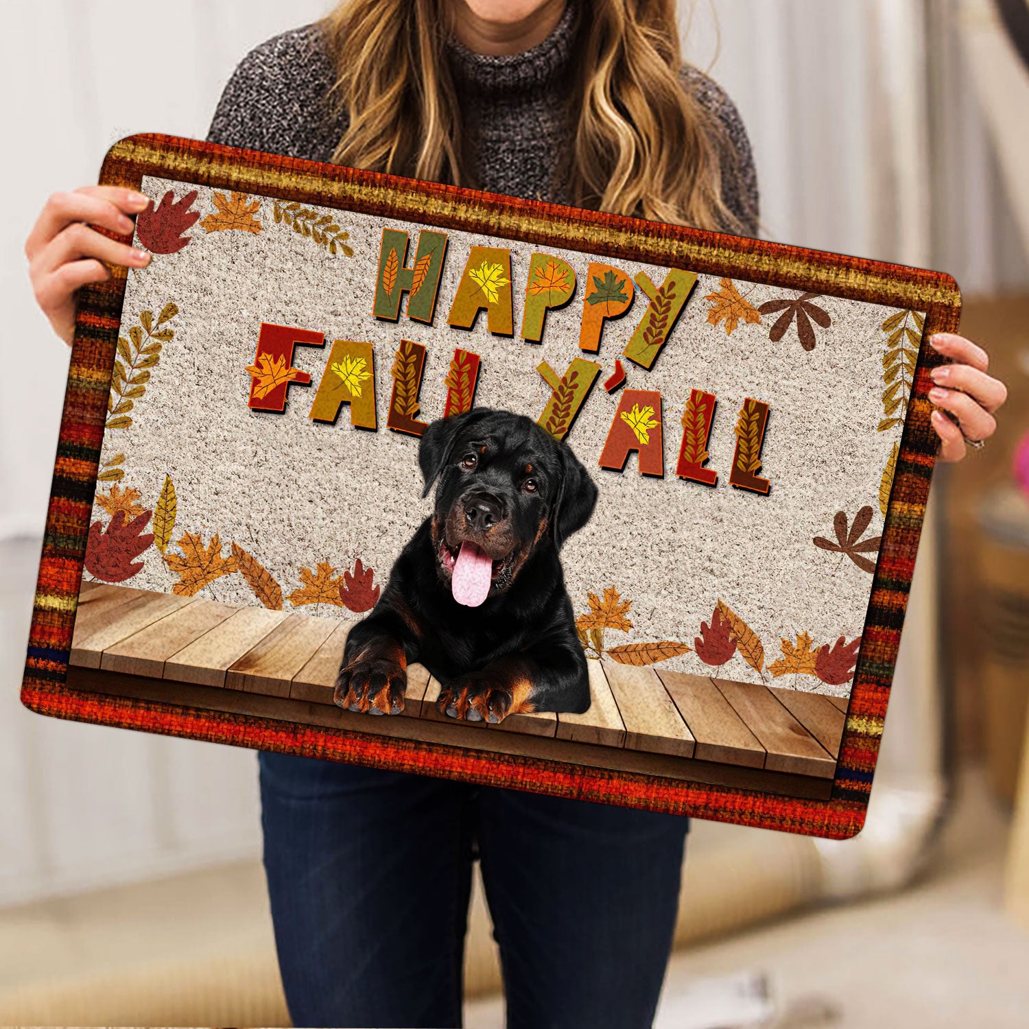 Ohaprints-Doormat-Outdoor-Indoor-Rottweiler-Dog-Happy-Fall-Y'All-Pumpkin-Spice-Maple-Leaf-Rubber-Door-Mat-1684-