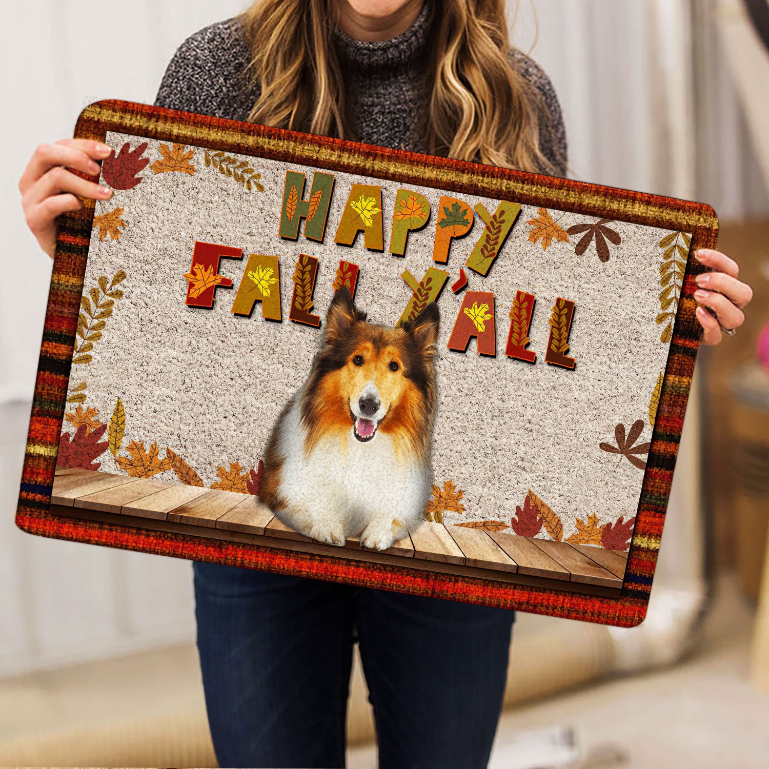 Ohaprints-Doormat-Outdoor-Indoor-Rough-Collie-Dog-Happy-Fall-Y'All-Pumpkin-Spice-Maple-Leaf-Rubber-Door-Mat-1685-