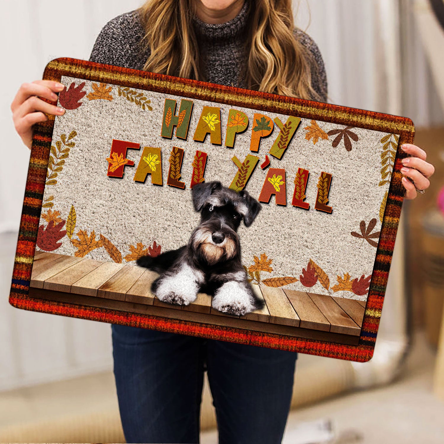 Ohaprints-Doormat-Outdoor-Indoor-Schnauzer-Dog-Happy-Fall-Y'All-Pumpkin-Spice-Maple-Leaf-Rubber-Door-Mat-1686-