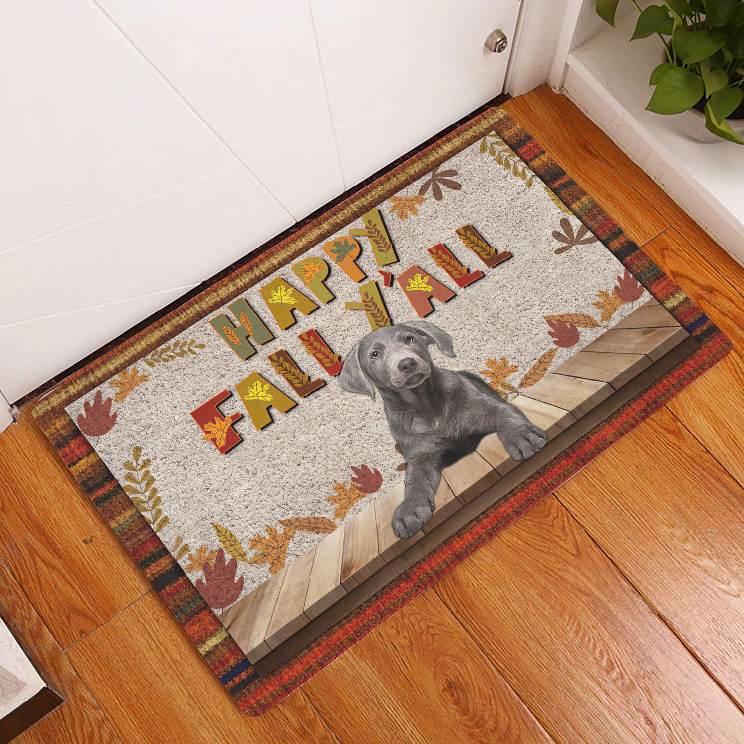 Ohaprints-Doormat-Outdoor-Indoor-Silver-Labrador-Dog-Happy-Fall-Y'All-Pumpkin-Spice-Maple-Leaf-Rubber-Door-Mat-1688-