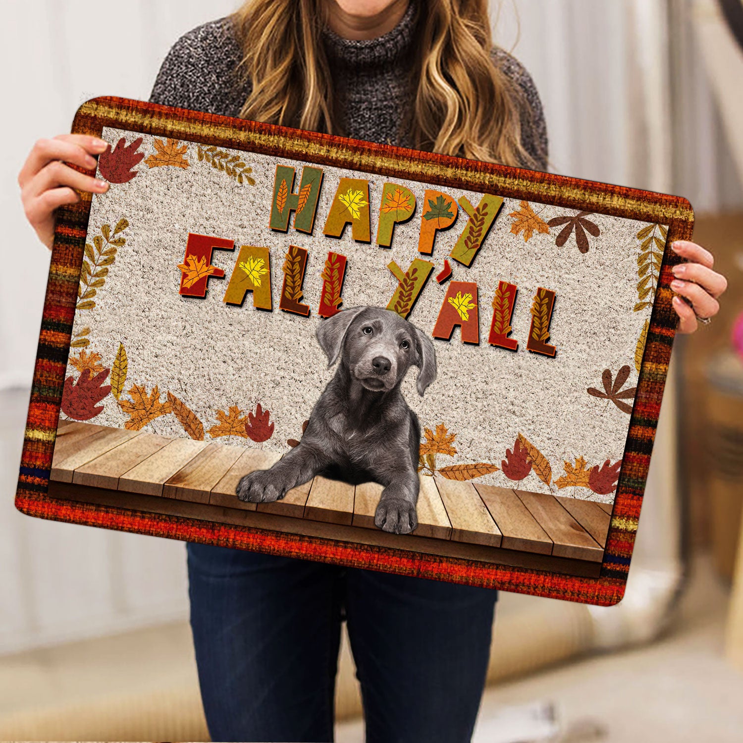 Ohaprints-Doormat-Outdoor-Indoor-Silver-Labrador-Dog-Happy-Fall-Y'All-Pumpkin-Spice-Maple-Leaf-Rubber-Door-Mat-1688-