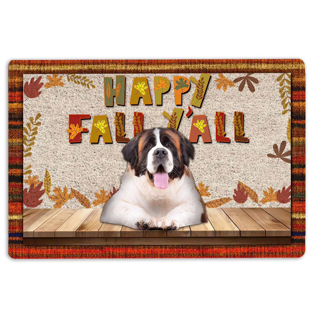 Ohaprints-Doormat-Outdoor-Indoor-Saint-Bernard-Dog-Happy-Fall-Y'All-Pumpkin-Spice-Maple-Leaf-Rubber-Door-Mat-1689-18'' x 30''