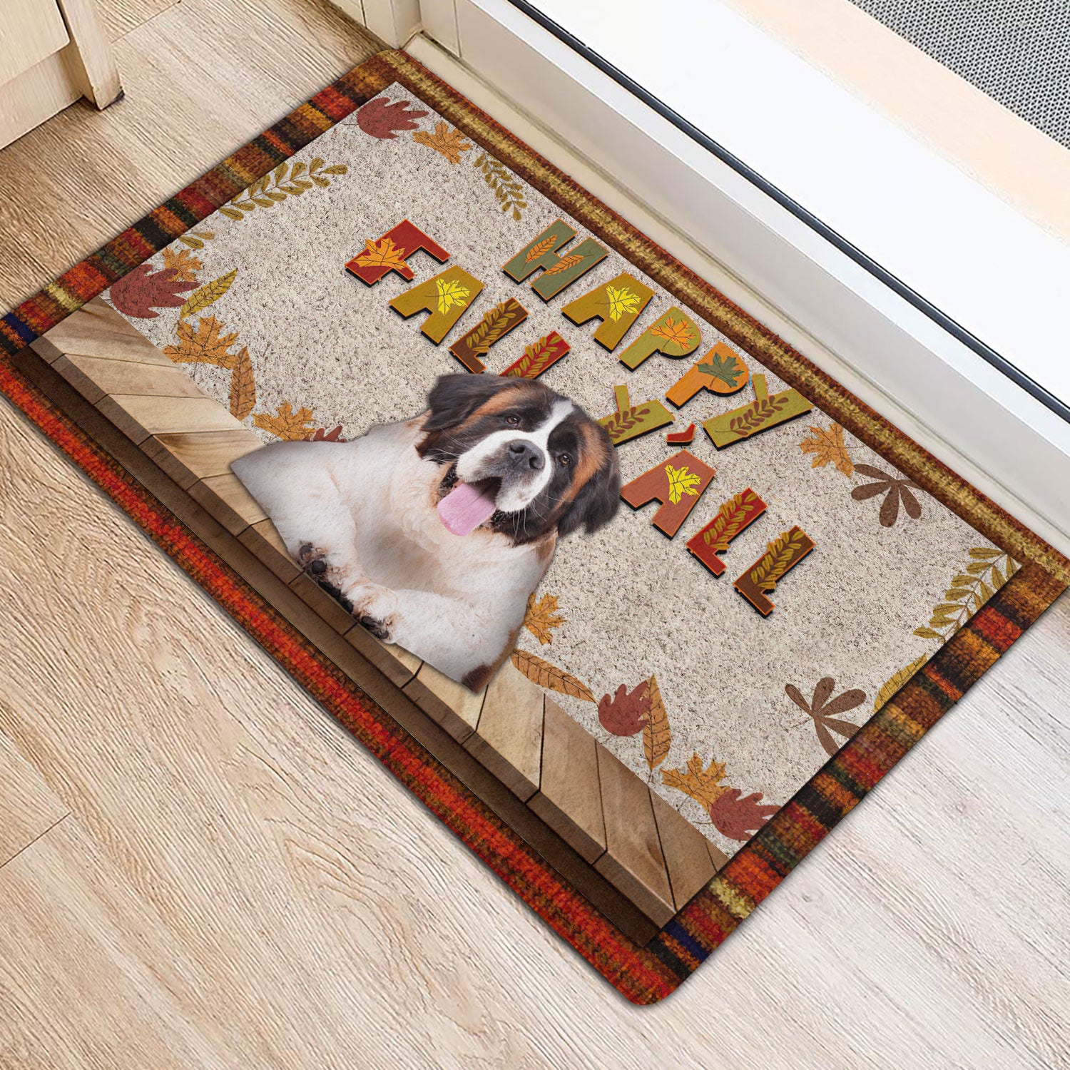 Ohaprints-Doormat-Outdoor-Indoor-Saint-Bernard-Dog-Happy-Fall-Y'All-Pumpkin-Spice-Maple-Leaf-Rubber-Door-Mat-1689-