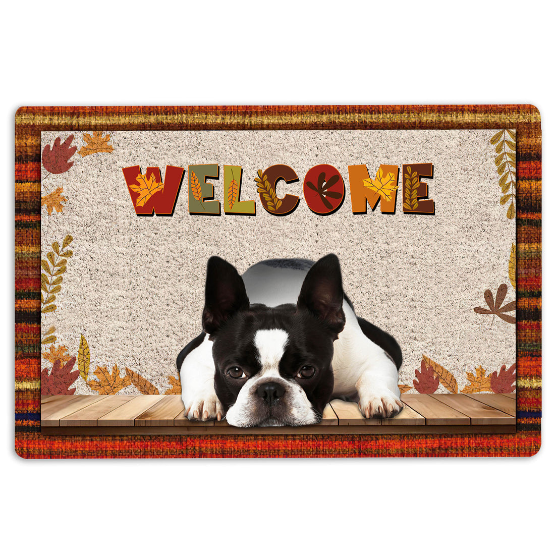 Ohaprints-Doormat-Outdoor-Indoor-Boston-Terrier-Dog-Welcome-Fall-Autumn-Pumpkin-Spice-Maple-Leaf-Rubber-Door-Mat-1696-18'' x 30''