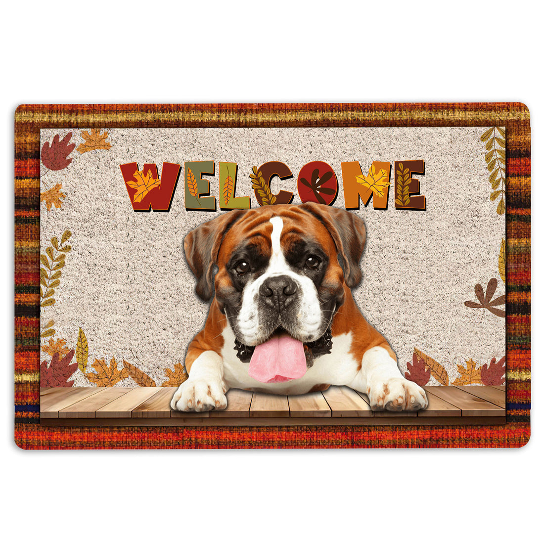 Ohaprints-Doormat-Outdoor-Indoor-Boxer-Dog-Welcome-Fall-Autumn-Pumpkin-Spice-Maple-Leaf-Rubber-Door-Mat-1697-18'' x 30''