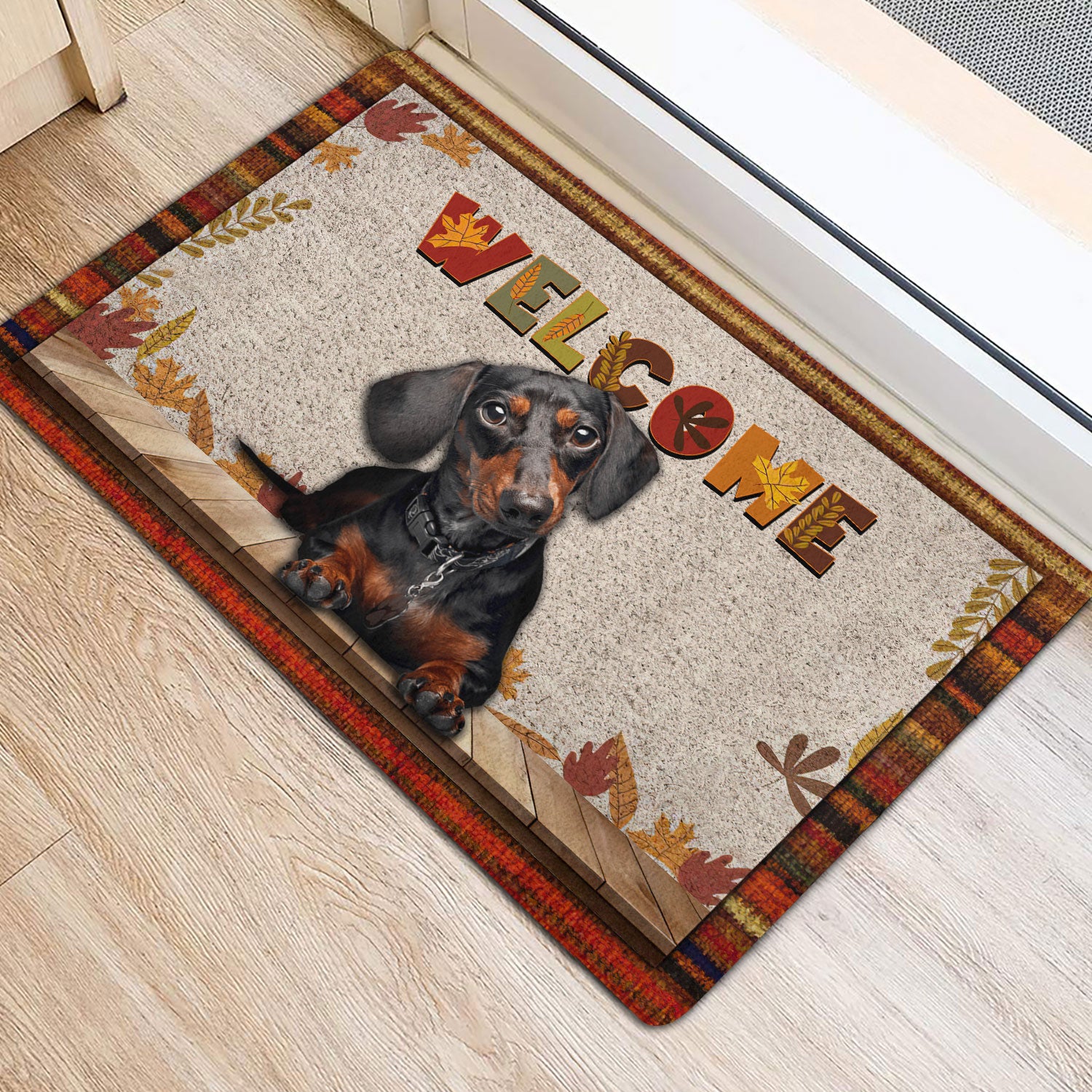 Ohaprints-Doormat-Outdoor-Indoor-Black-Tan-Dachshund-Welcome-Fall-Autumn-Pumpkin-Spice-Maple-Leaf-Rubber-Door-Mat-1702-