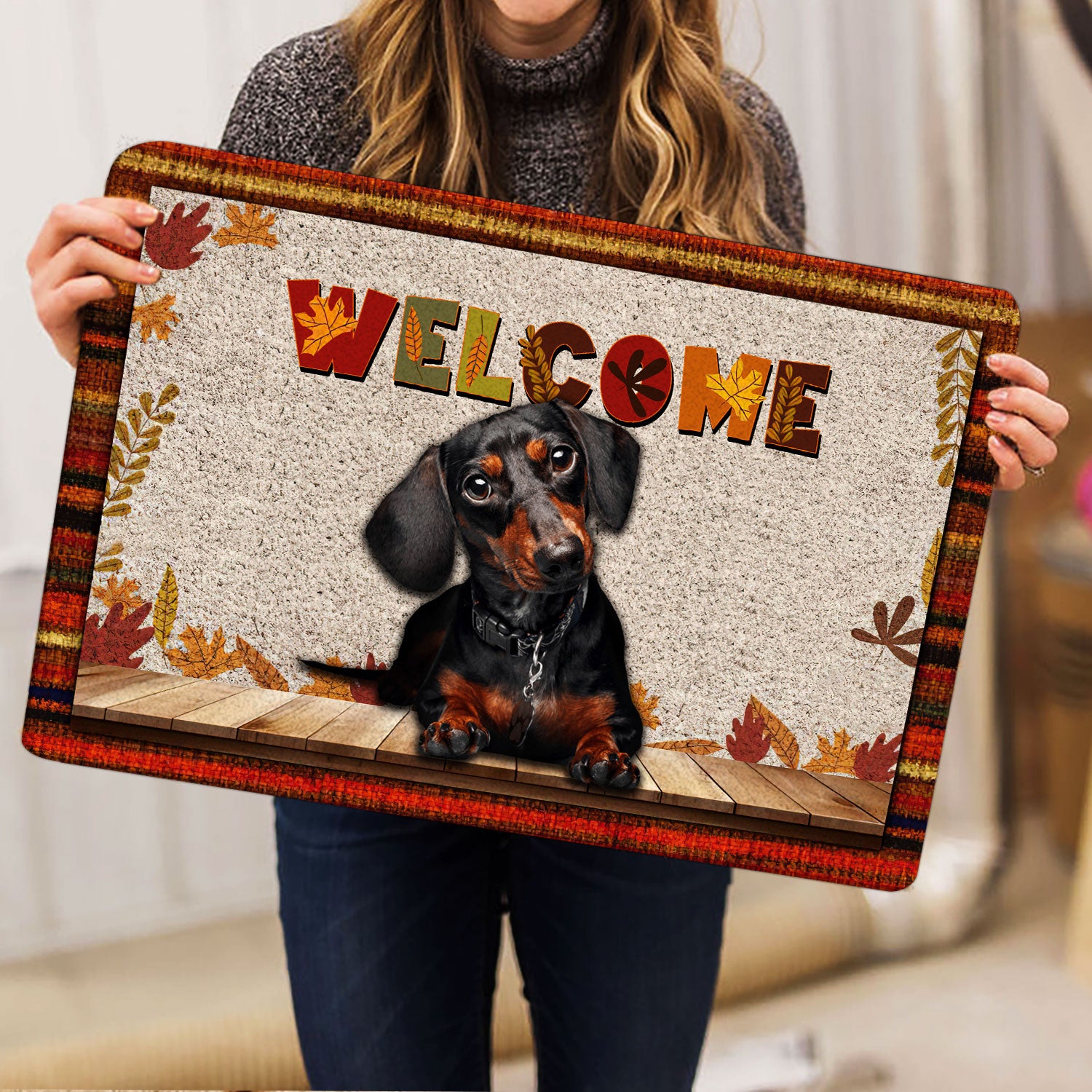 Ohaprints-Doormat-Outdoor-Indoor-Black-Tan-Dachshund-Welcome-Fall-Autumn-Pumpkin-Spice-Maple-Leaf-Rubber-Door-Mat-1702-