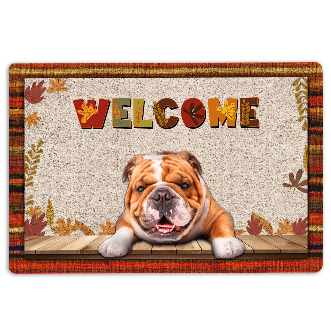 Ohaprints-Doormat-Outdoor-Indoor-English-Bulldog-Dog-Welcome-Fall-Autumn-Pumpkin-Spice-Maple-Leaf-Rubber-Door-Mat-1704-18'' x 30''