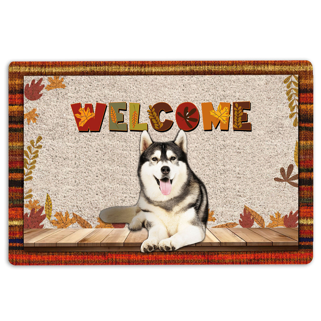 Ohaprints-Doormat-Outdoor-Indoor-Siberian-Husky-Dog-Welcome-Fall-Autumn-Pumpkin-Spice-Maple-Leaf-Rubber-Door-Mat-1708-18'' x 30''