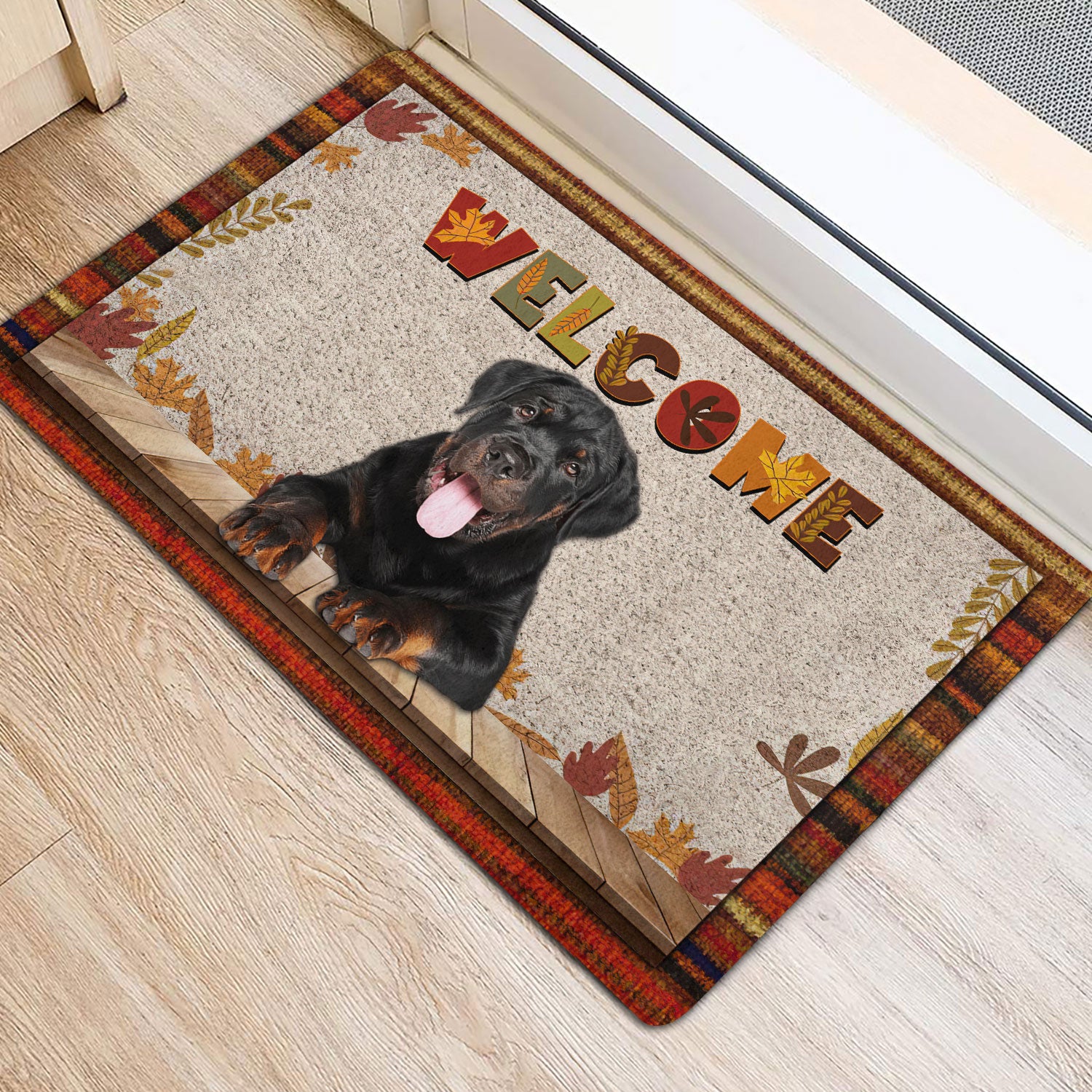 Ohaprints-Doormat-Outdoor-Indoor-Rottweiler-Dog-Welcome-Fall-Autumn-Pumpkin-Spice-Maple-Leaf-Rubber-Door-Mat-1712-