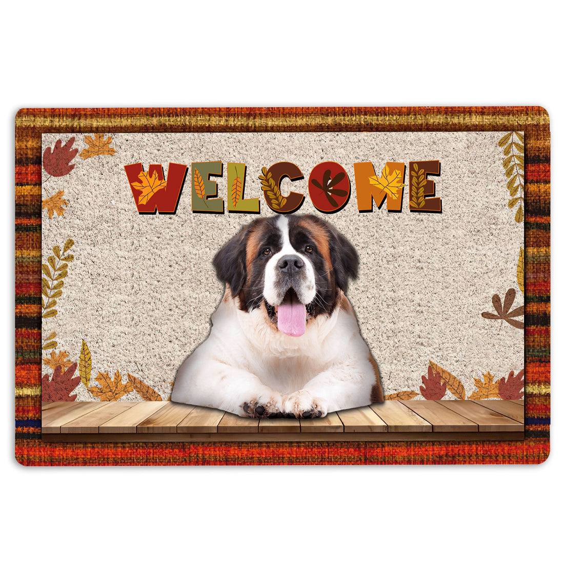 Ohaprints-Doormat-Outdoor-Indoor-Saint-Bernard-Dog-Welcome-Fall-Autumn-Pumpkin-Spice-Maple-Leaf-Rubber-Door-Mat-1717-18'' x 30''