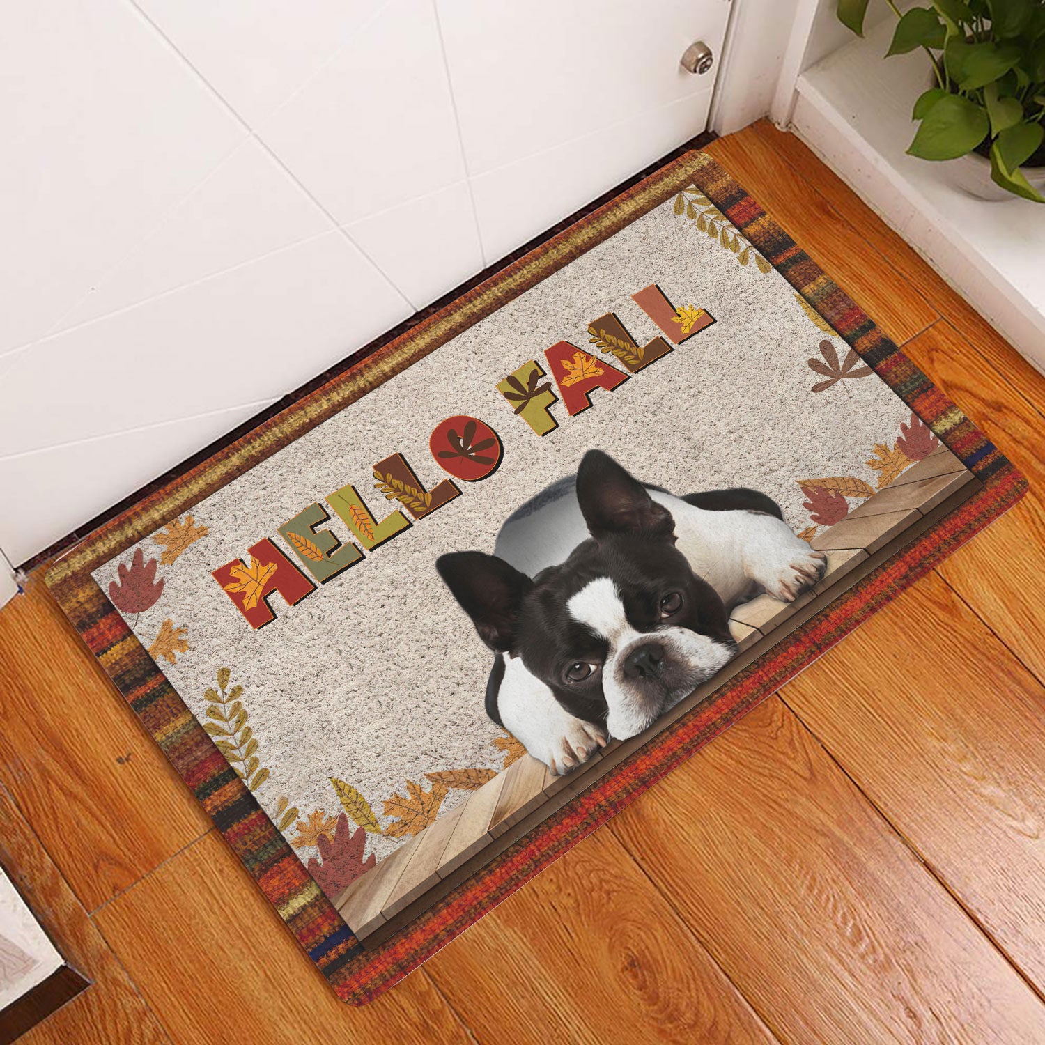 Hello Autumn Welcome Doormat, Fall Leaves Themed Door Mat, Autumn