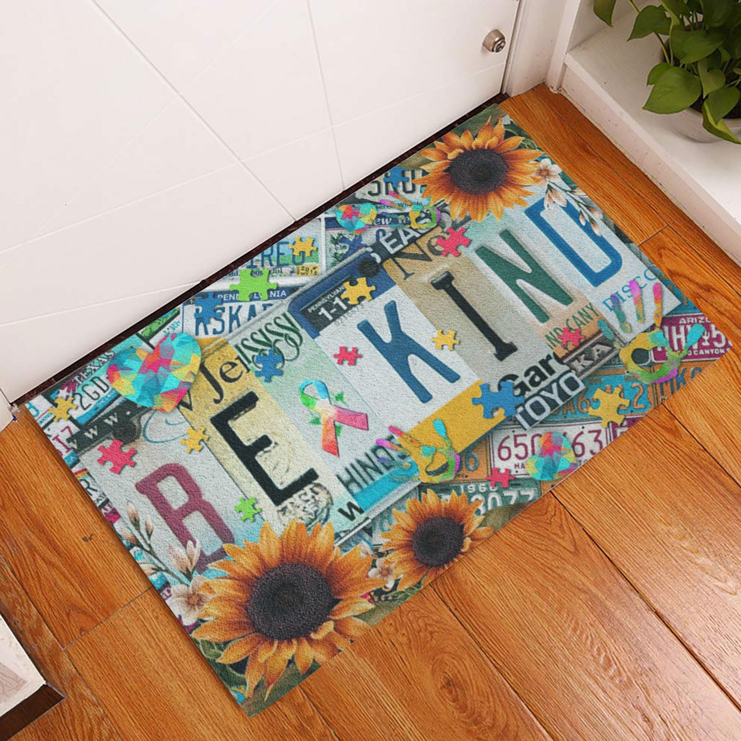 Ohaprints-Doormat-Outdoor-Indoor-Autism-Awareness-Be-Kind-Sunflower-License-Plates-Rubber-Door-Mat-766-
