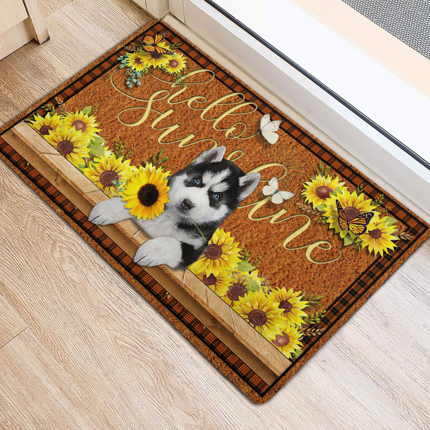 Ohaprints-Doormat-Outdoor-Indoor-Siberian-Husky-Dog-Hello-Sunflower-Butterfly-Rubber-Door-Mat-1772-