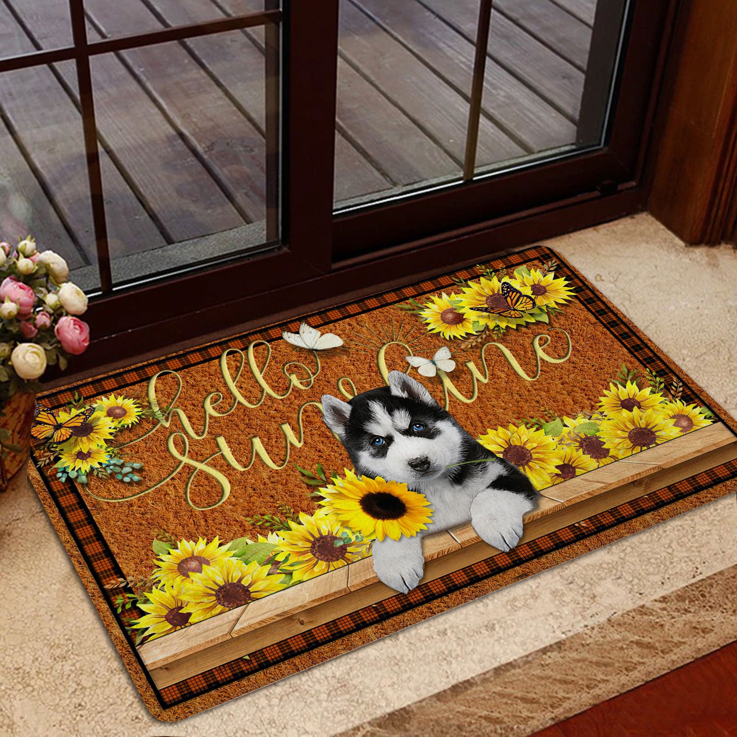 Ohaprints-Doormat-Outdoor-Indoor-Siberian-Husky-Dog-Hello-Sunflower-Butterfly-Rubber-Door-Mat-1772-