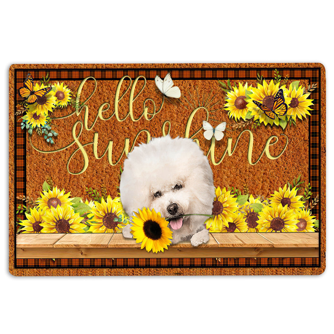 Ohaprints-Doormat-Outdoor-Indoor-Bichon-Frise-Dog-Hello-Sunflower-Butterfly-Rubber-Door-Mat-1773-18'' x 30''