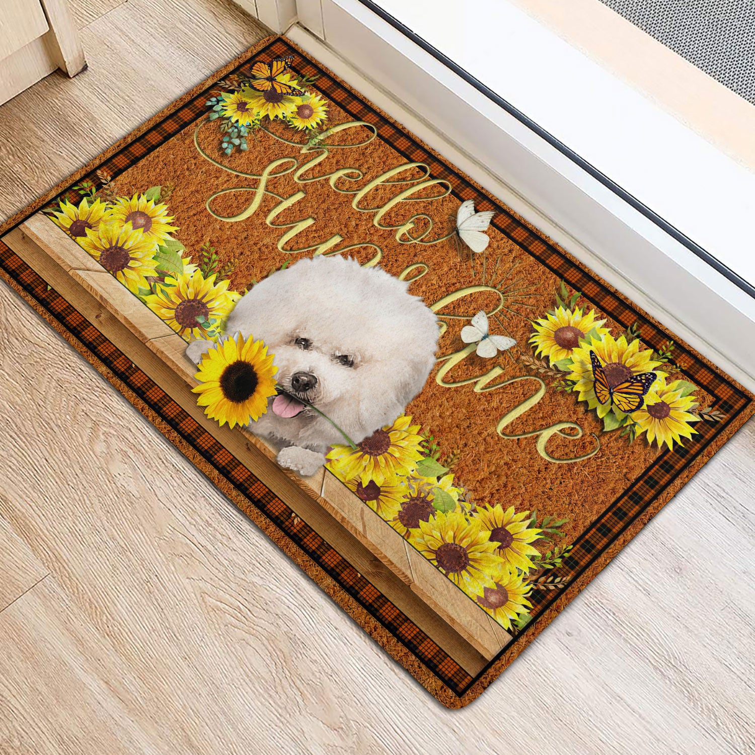 Ohaprints-Doormat-Outdoor-Indoor-Bichon-Frise-Dog-Hello-Sunflower-Butterfly-Rubber-Door-Mat-1773-