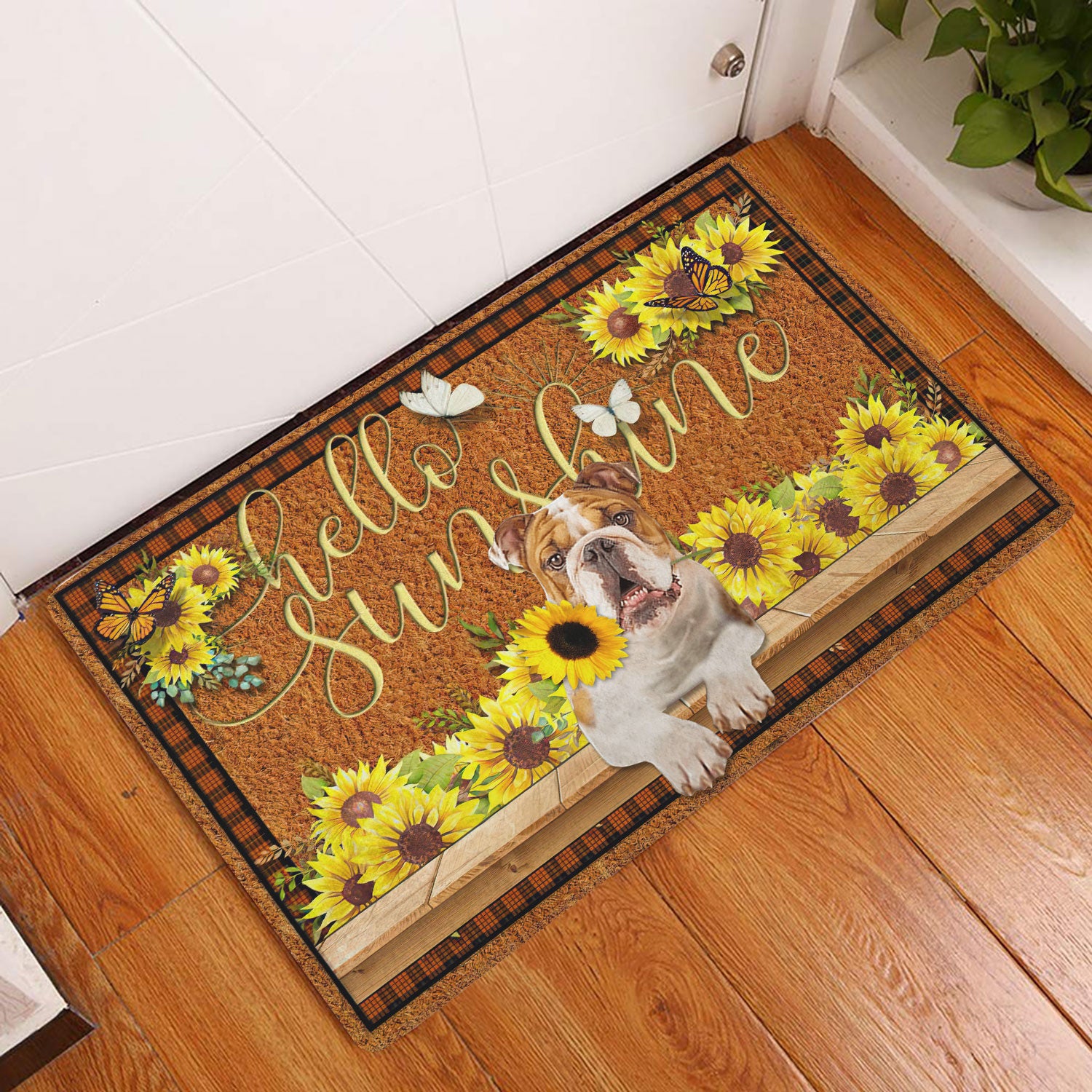 Ohaprints-Doormat-Outdoor-Indoor-English-Bulldog-Dog-Hello-Sunflower-Butterfly-Rubber-Door-Mat-1775-