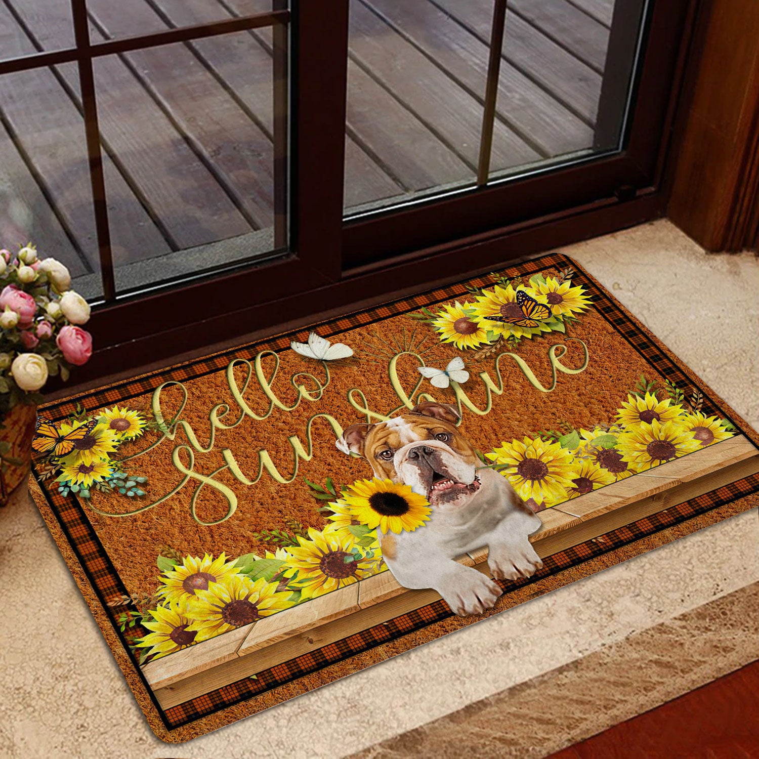 Ohaprints-Doormat-Outdoor-Indoor-English-Bulldog-Dog-Hello-Sunflower-Butterfly-Rubber-Door-Mat-1775-