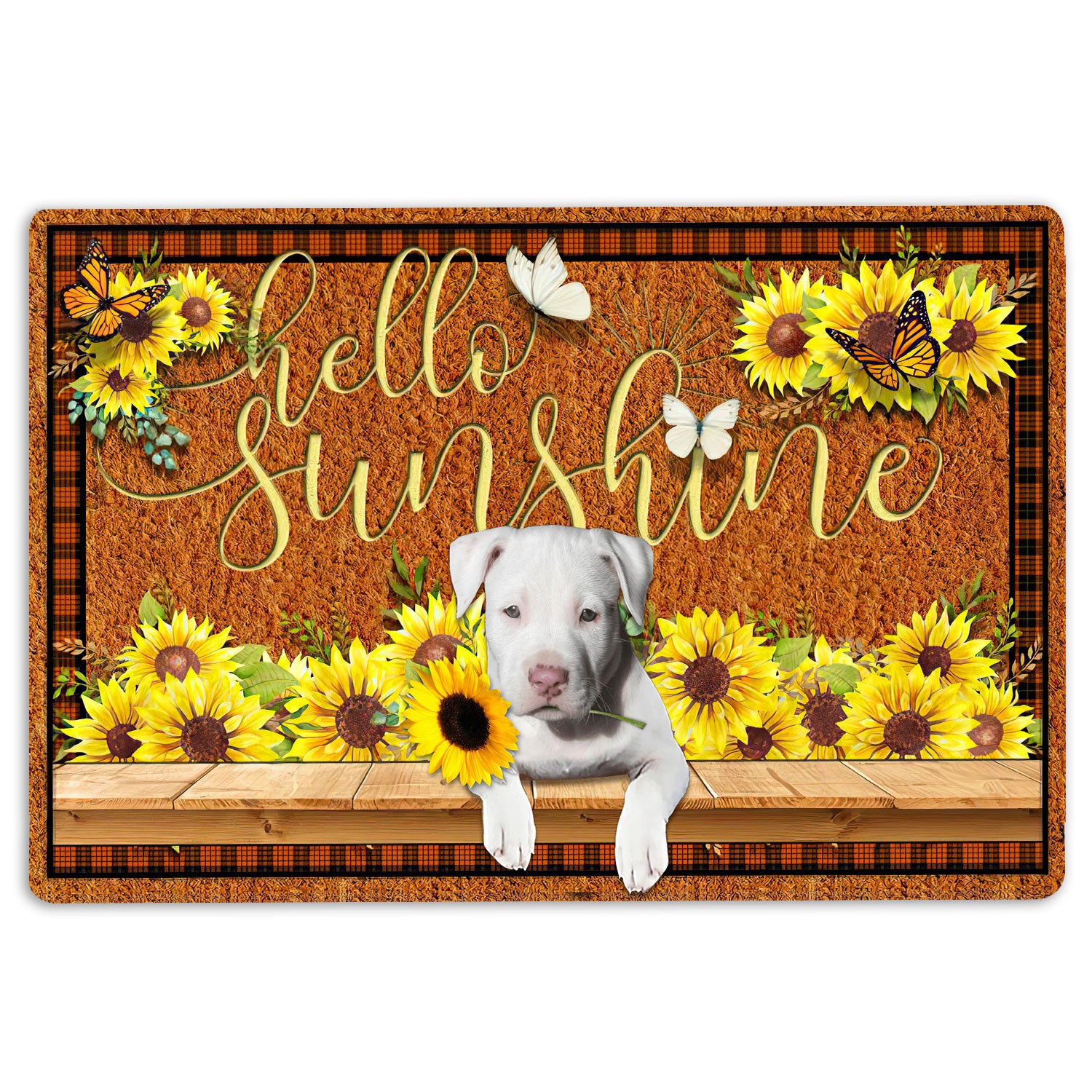 Ohaprints-Doormat-Outdoor-Indoor-Staffordshire-Bull-Terrier-Hello-Sunflower-Butterfly-Rubber-Door-Mat-1776-18'' x 30''