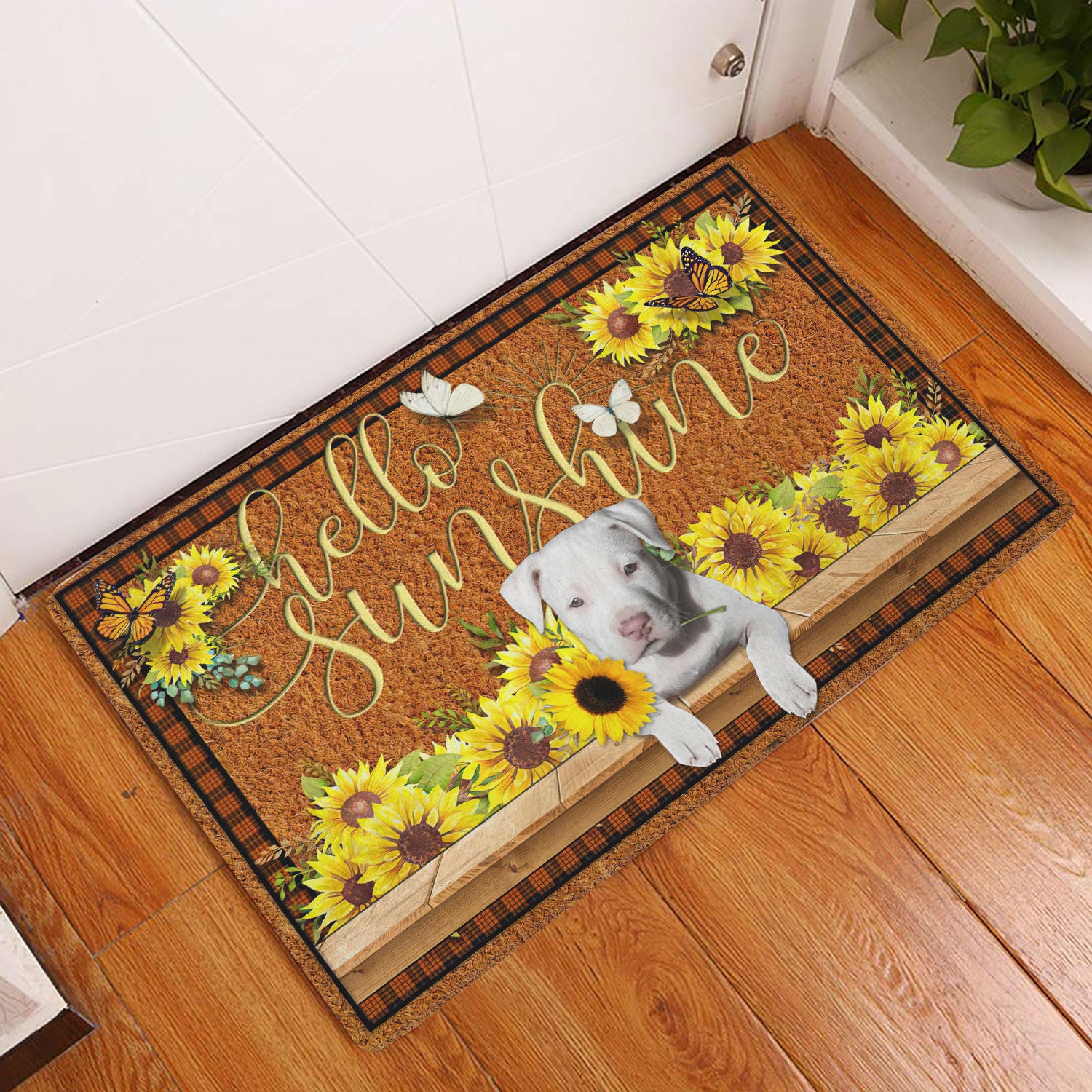 Ohaprints-Doormat-Outdoor-Indoor-Staffordshire-Bull-Terrier-Hello-Sunflower-Butterfly-Rubber-Door-Mat-1776-