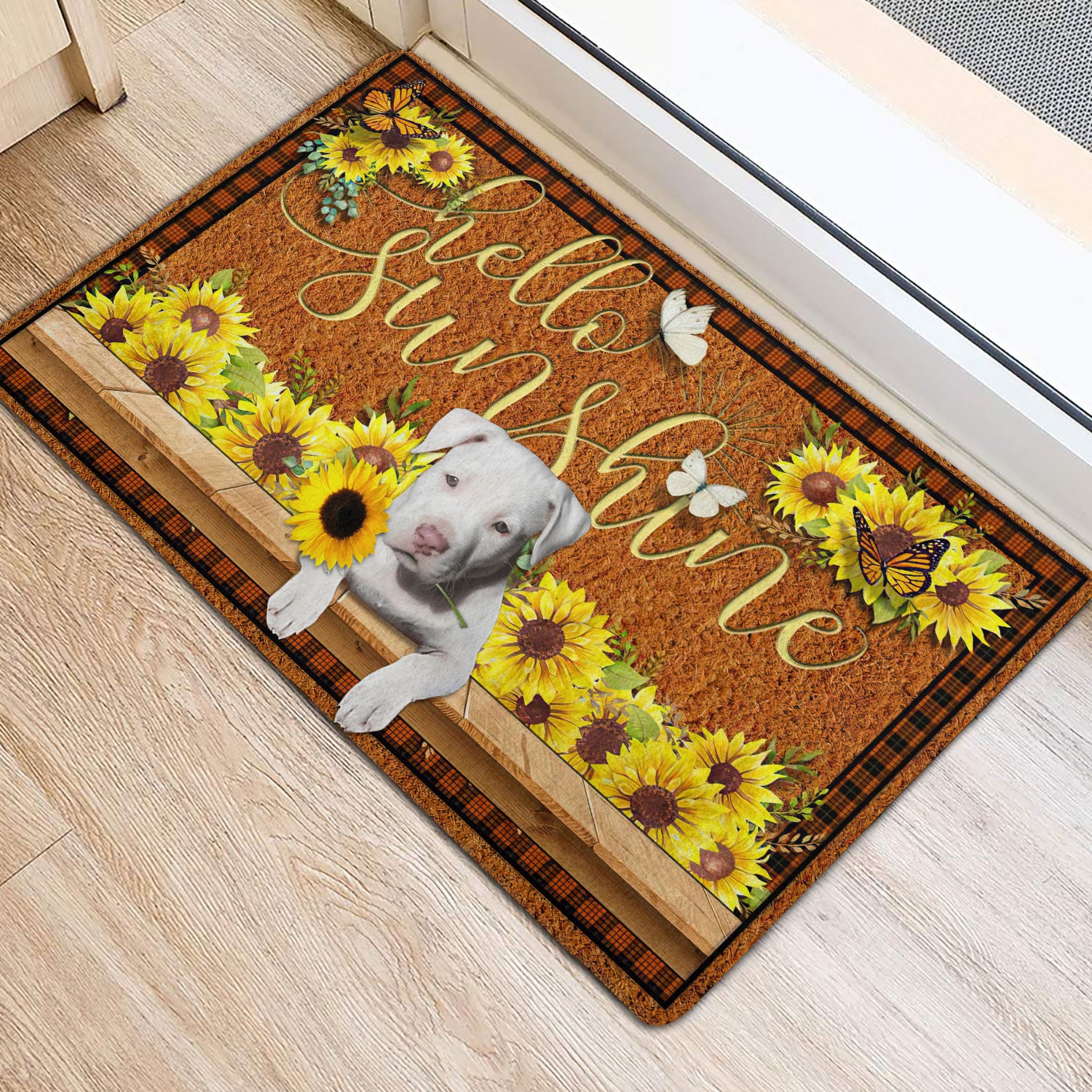 Ohaprints-Doormat-Outdoor-Indoor-Staffordshire-Bull-Terrier-Hello-Sunflower-Butterfly-Rubber-Door-Mat-1776-