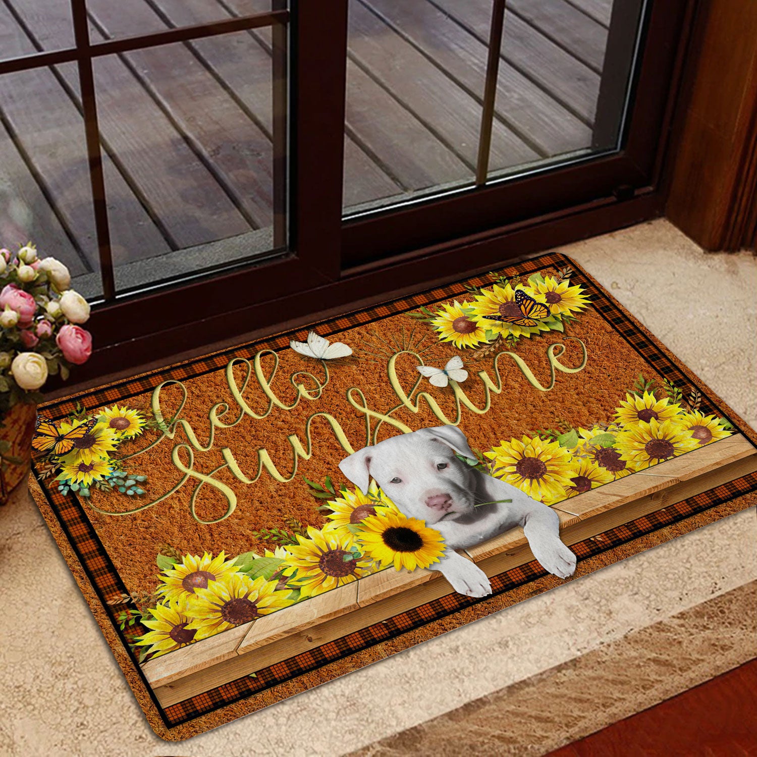 Ohaprints-Doormat-Outdoor-Indoor-Staffordshire-Bull-Terrier-Hello-Sunflower-Butterfly-Rubber-Door-Mat-1776-