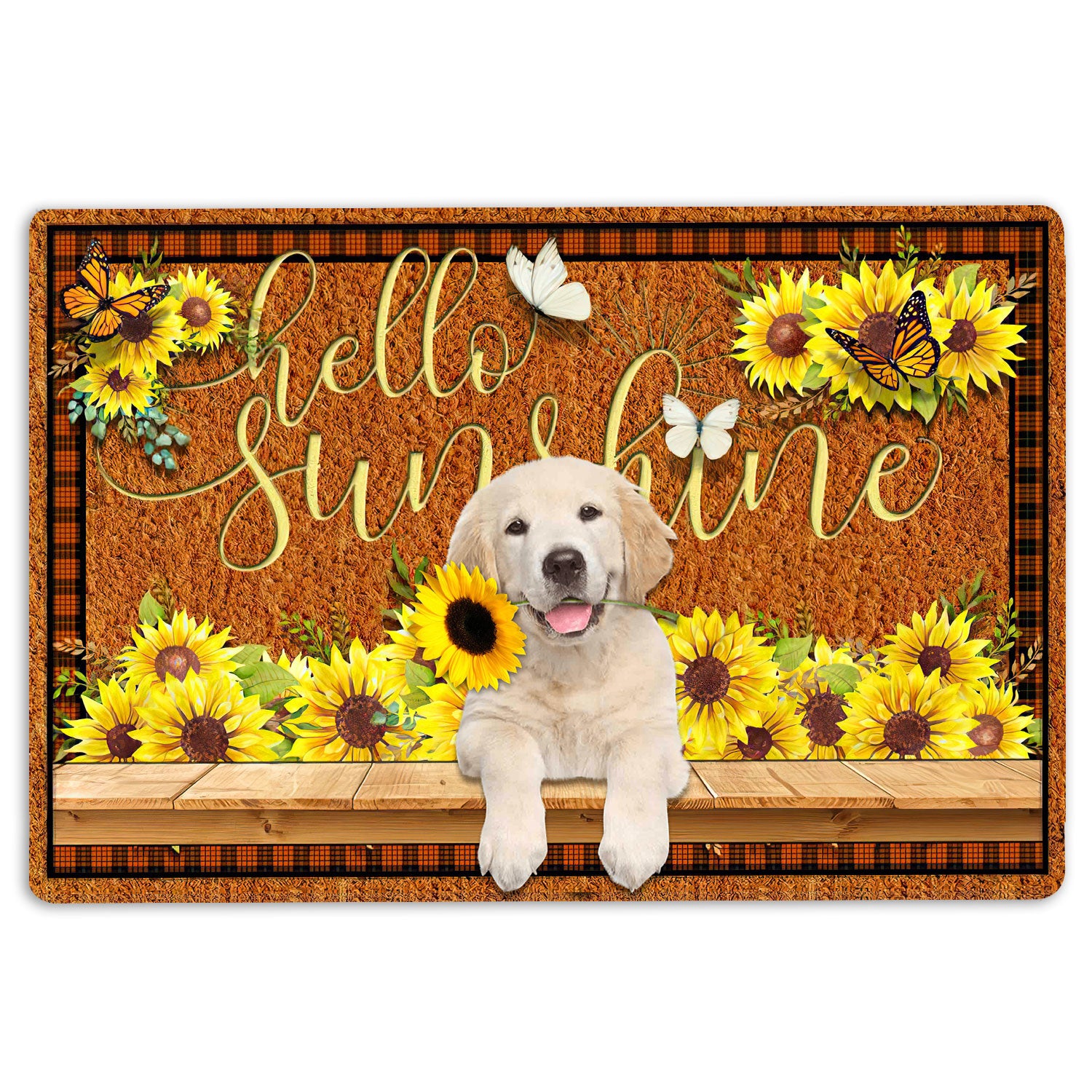 Ohaprints-Doormat-Outdoor-Indoor-Yellow-Labrador-Retriever-Dog-Hello-Sunflower-Butterfly-Rubber-Door-Mat-1777-18'' x 30''