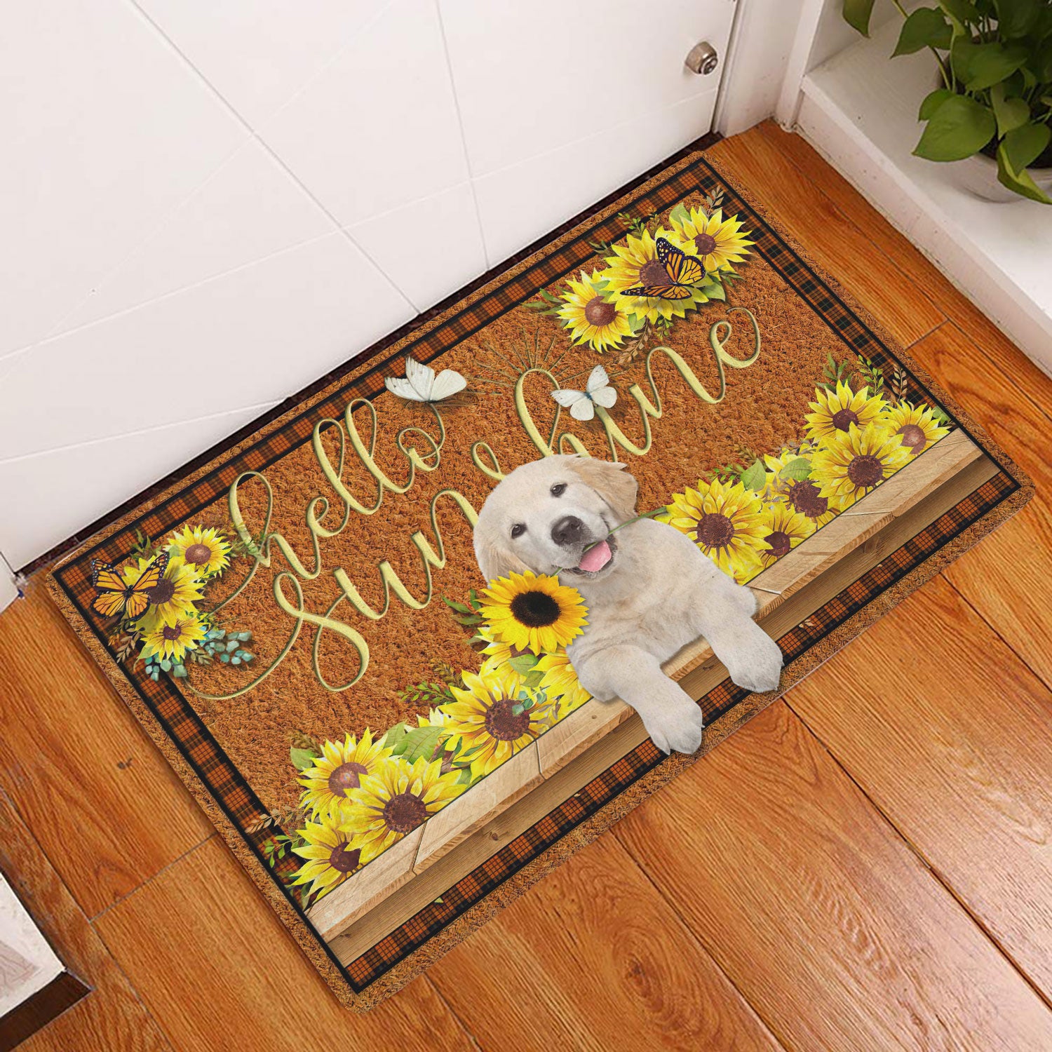 Ohaprints-Doormat-Outdoor-Indoor-Yellow-Labrador-Retriever-Dog-Hello-Sunflower-Butterfly-Rubber-Door-Mat-1777-