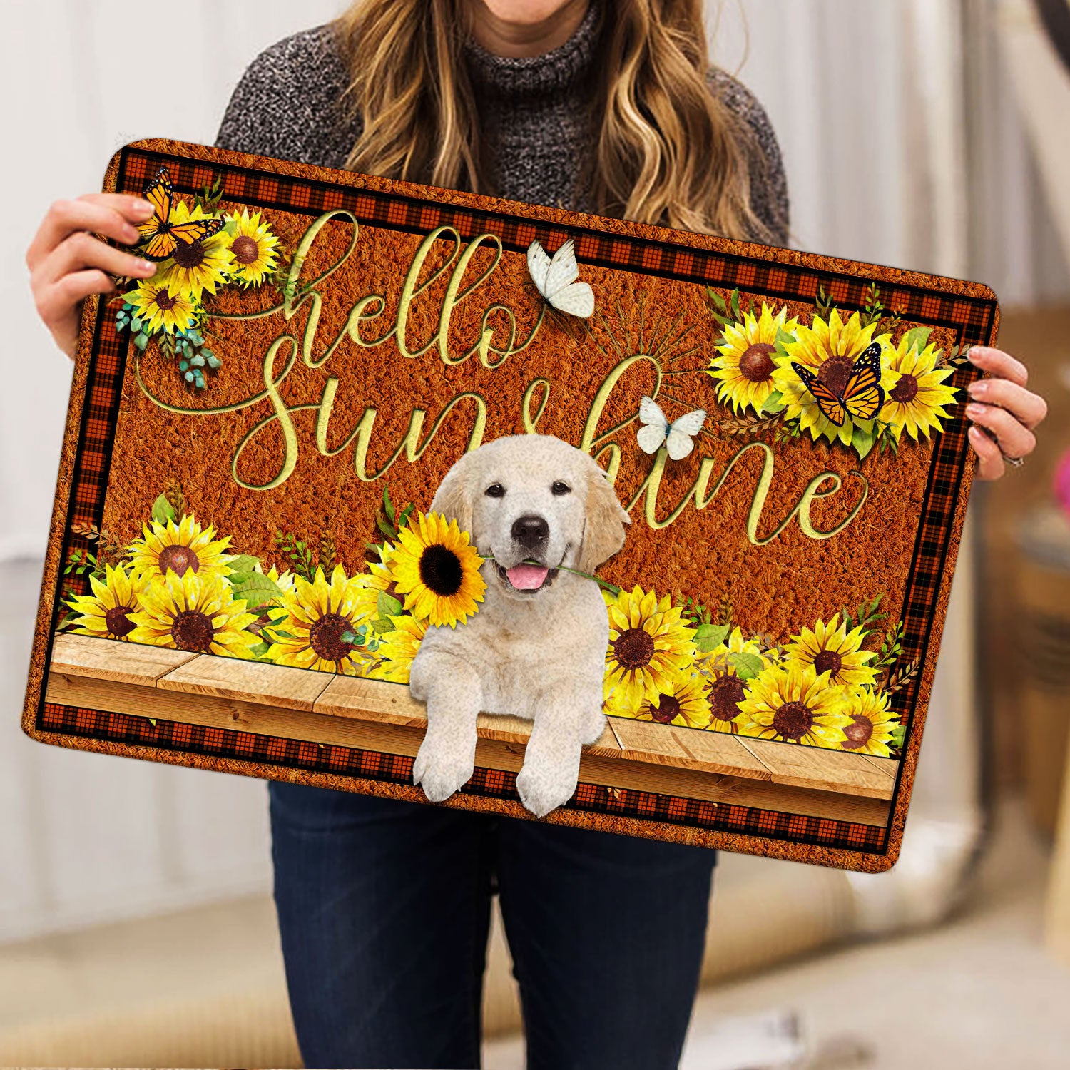 Ohaprints-Doormat-Outdoor-Indoor-Yellow-Labrador-Retriever-Dog-Hello-Sunflower-Butterfly-Rubber-Door-Mat-1777-