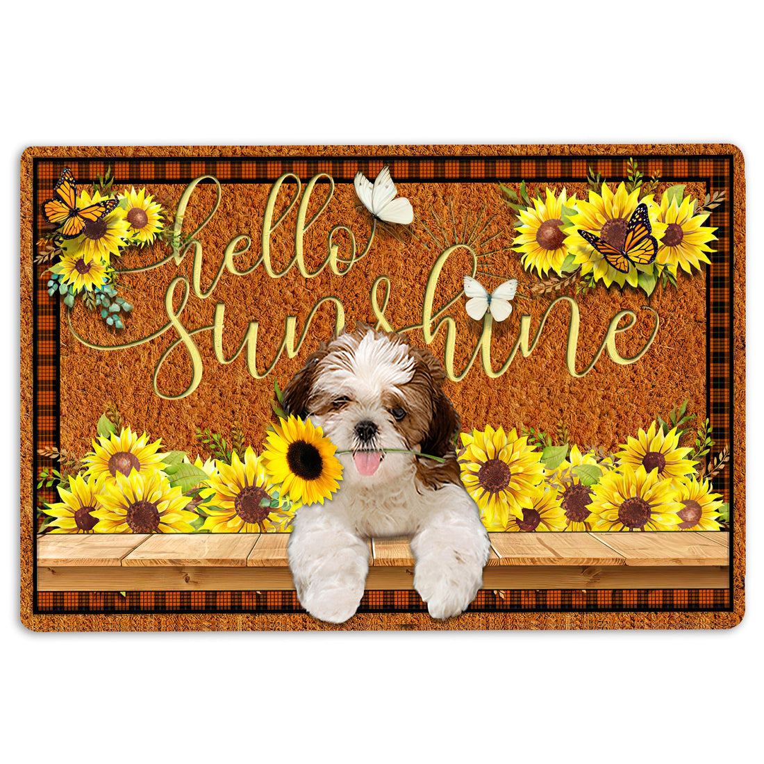 Ohaprints-Doormat-Outdoor-Indoor-Shih-Tzu-Shitzu-Dog-Hello-Sunflower-Butterfly-Rubber-Door-Mat-1779-18'' x 30''