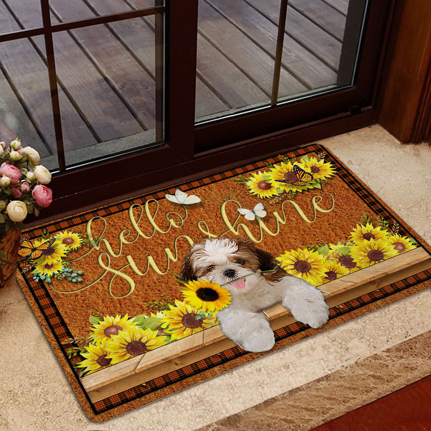 Ohaprints-Doormat-Outdoor-Indoor-Shih-Tzu-Shitzu-Dog-Hello-Sunflower-Butterfly-Rubber-Door-Mat-1779-