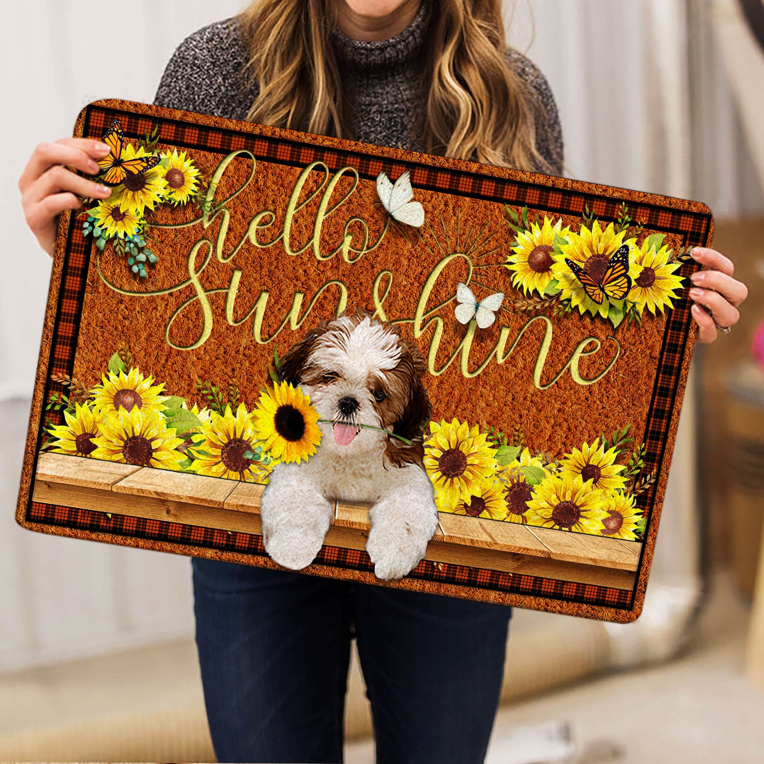 Ohaprints-Doormat-Outdoor-Indoor-Shih-Tzu-Shitzu-Dog-Hello-Sunflower-Butterfly-Rubber-Door-Mat-1779-