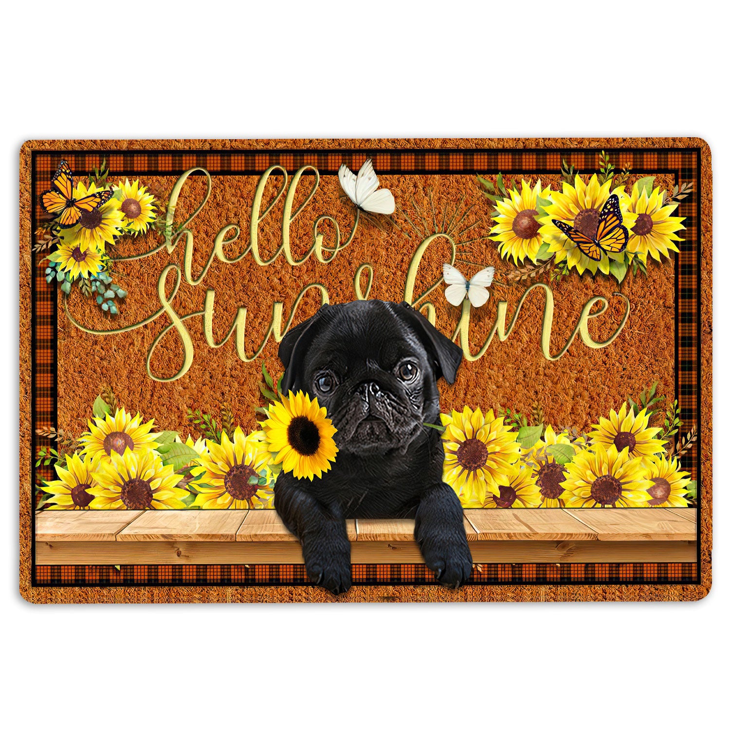 Ohaprints-Doormat-Outdoor-Indoor-Black-Pug-Dog-Hello-Sunflower-Butterfly-Rubber-Door-Mat-1781-18'' x 30''