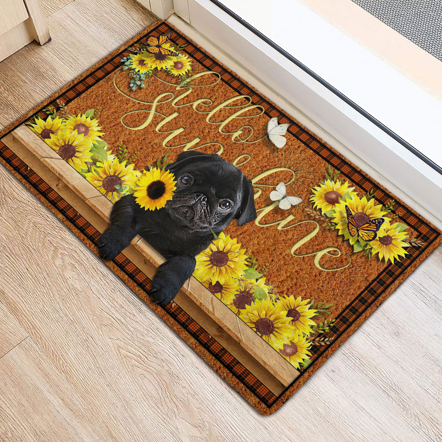 Ohaprints-Doormat-Outdoor-Indoor-Black-Pug-Dog-Hello-Sunflower-Butterfly-Rubber-Door-Mat-1781-