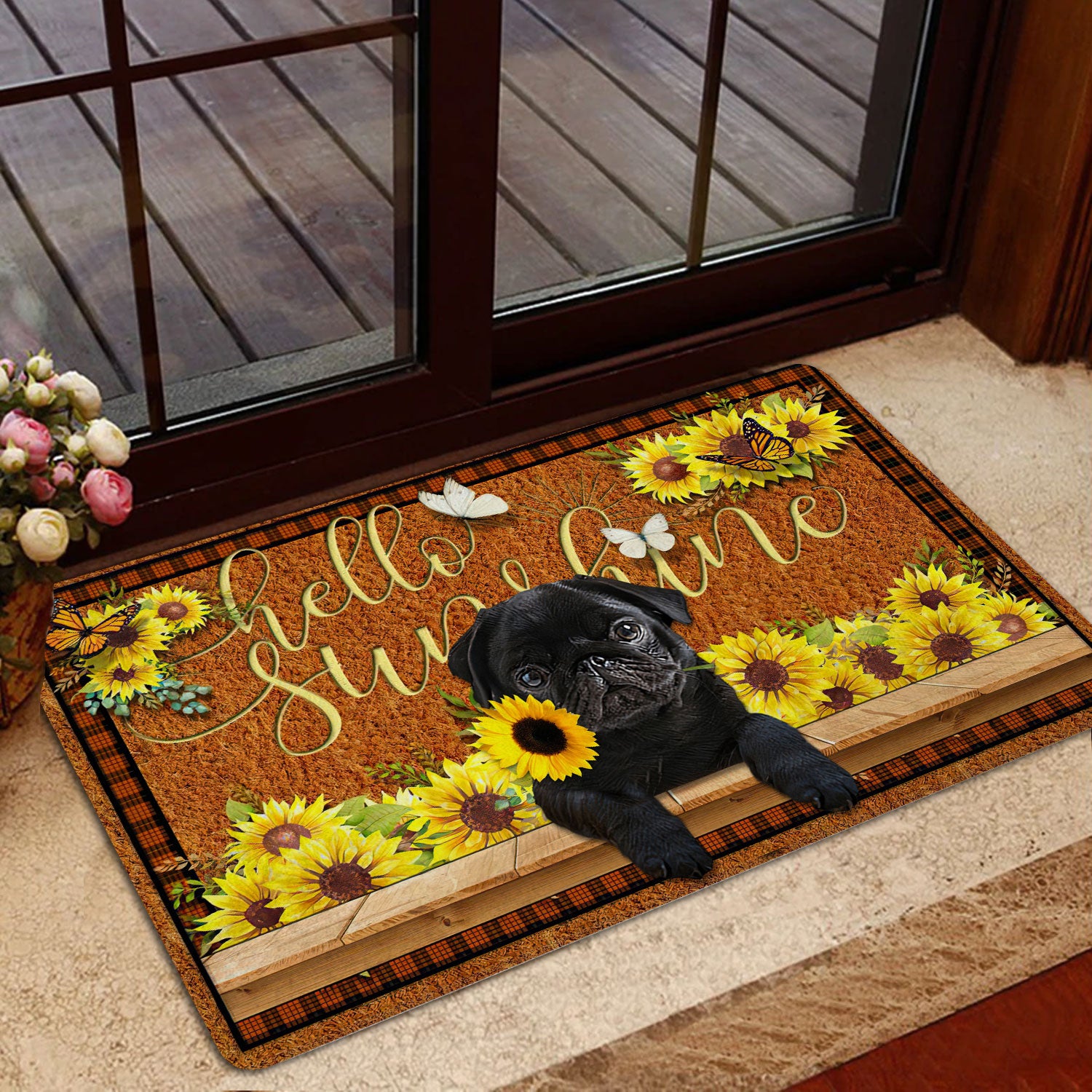 Ohaprints-Doormat-Outdoor-Indoor-Black-Pug-Dog-Hello-Sunflower-Butterfly-Rubber-Door-Mat-1781-