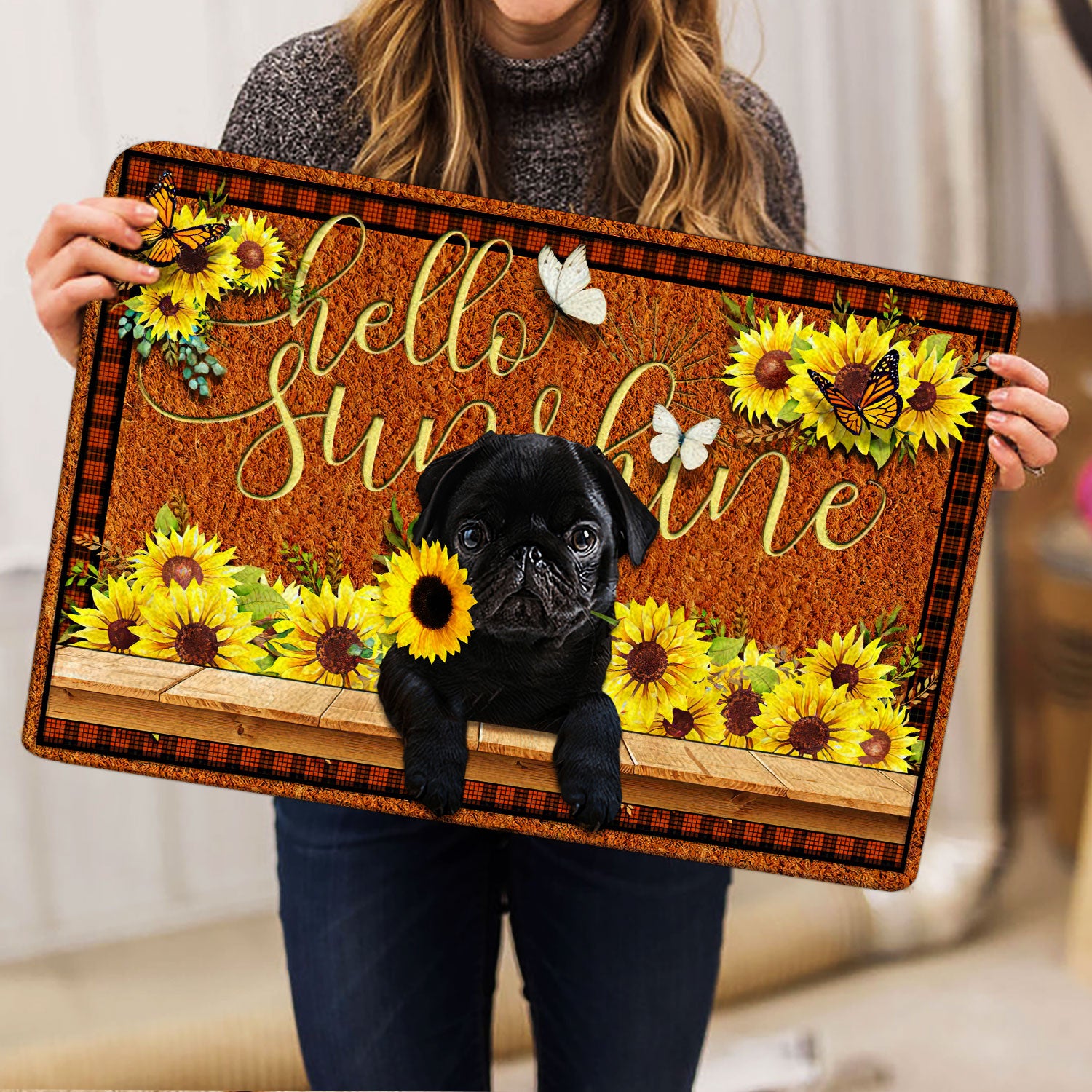 Ohaprints-Doormat-Outdoor-Indoor-Black-Pug-Dog-Hello-Sunflower-Butterfly-Rubber-Door-Mat-1781-