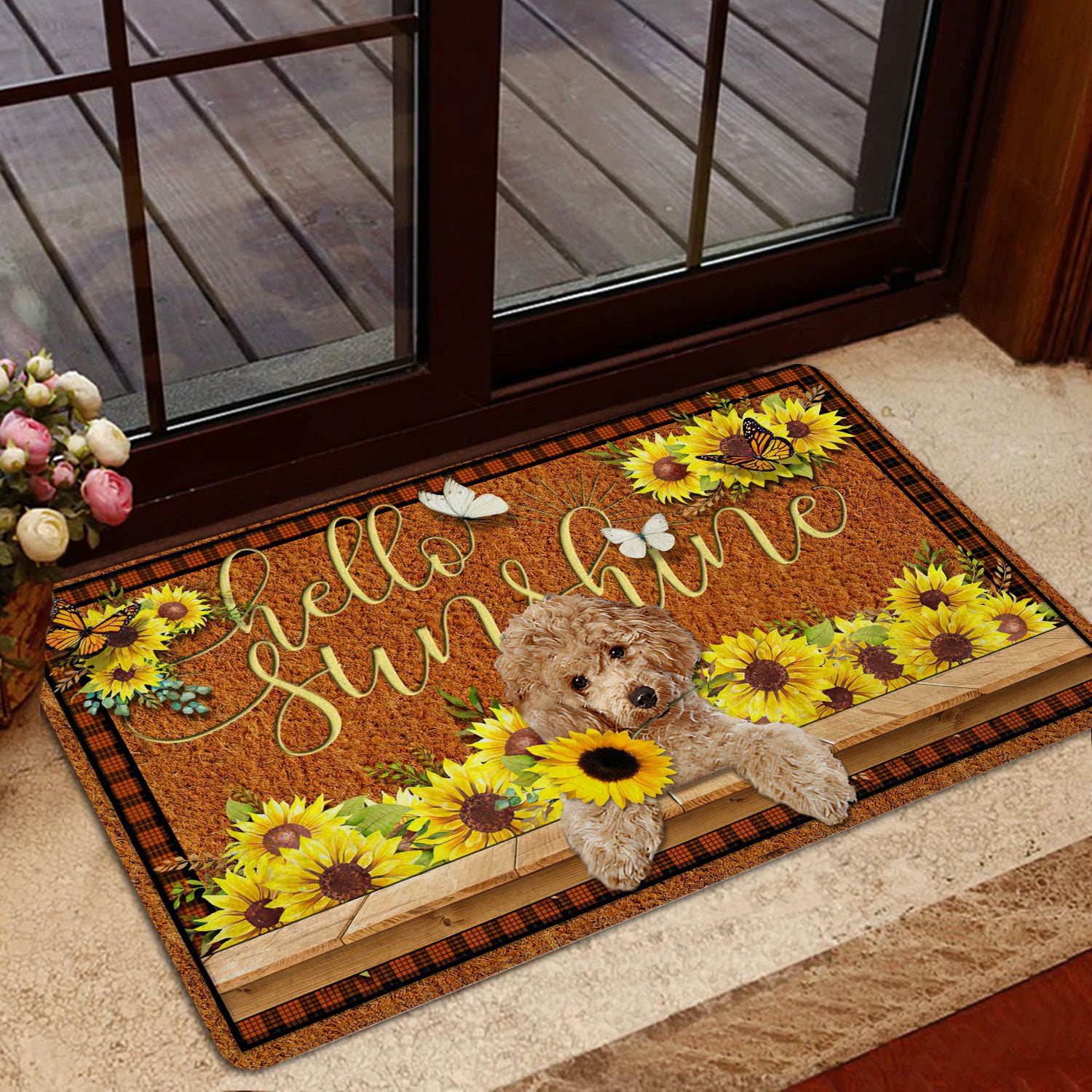 Ohaprints-Doormat-Outdoor-Indoor-Poodle-Dog-Hello-Sunflower-Butterfly-Rubber-Door-Mat-1782-