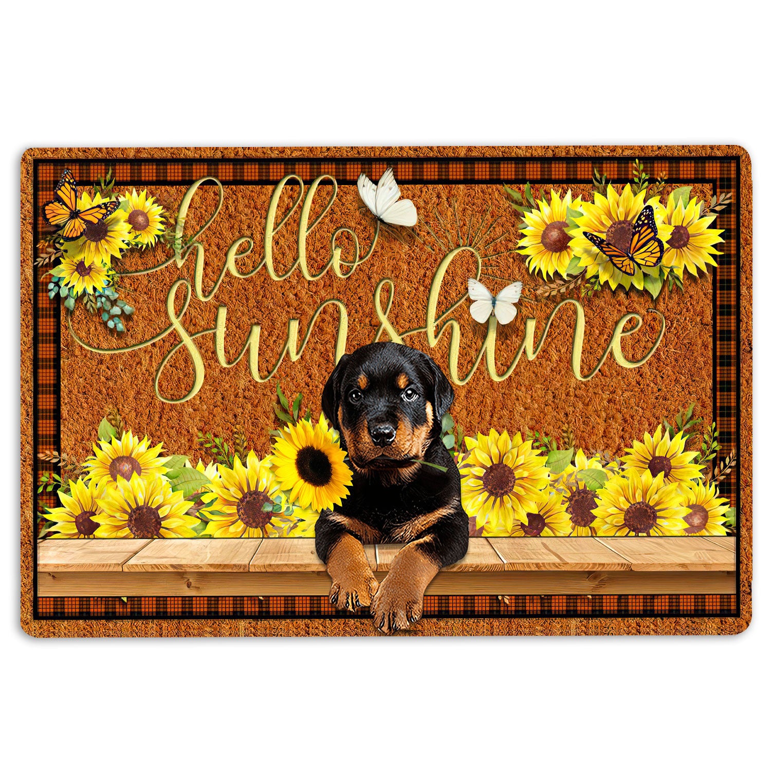 Ohaprints-Doormat-Outdoor-Indoor-Rottweiler-Dog-Hello-Sunflower-Butterfly-Rubber-Door-Mat-1783-18'' x 30''