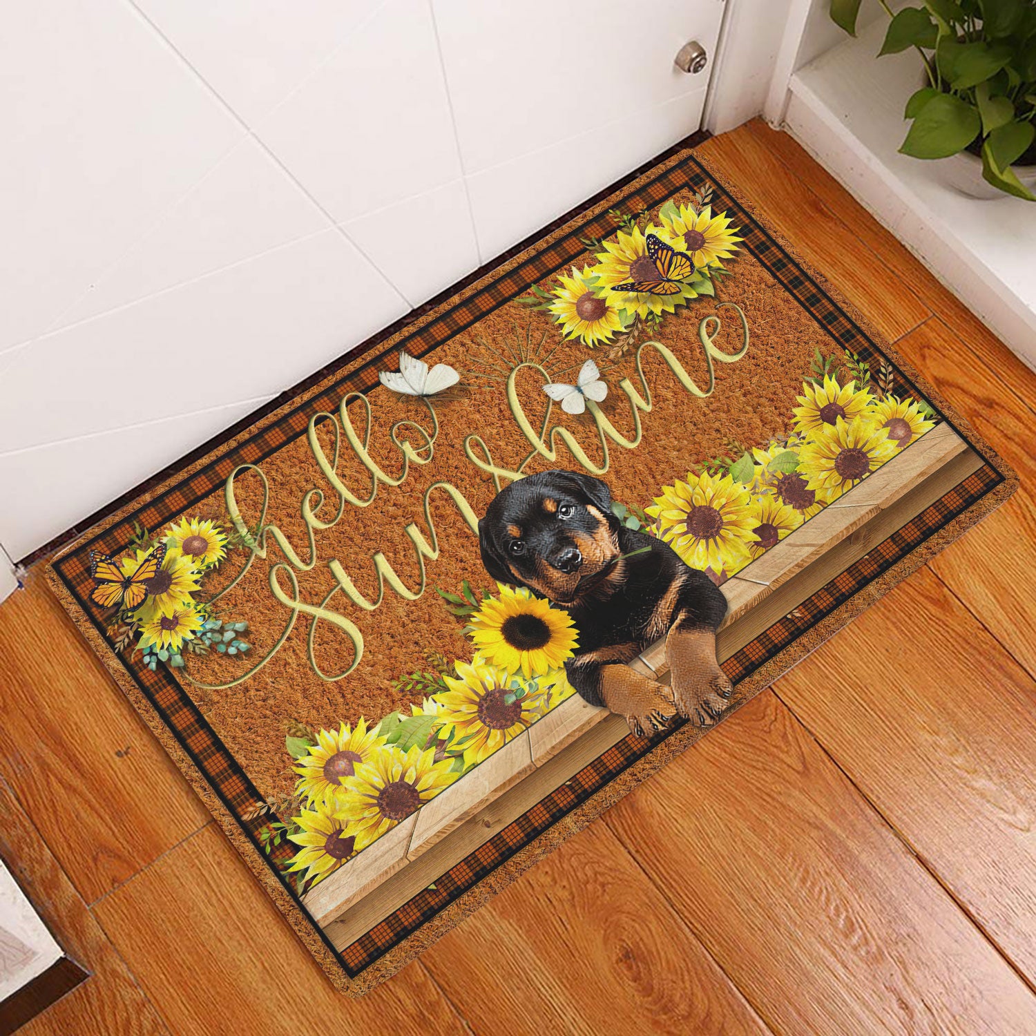 Ohaprints-Doormat-Outdoor-Indoor-Rottweiler-Dog-Hello-Sunflower-Butterfly-Rubber-Door-Mat-1783-