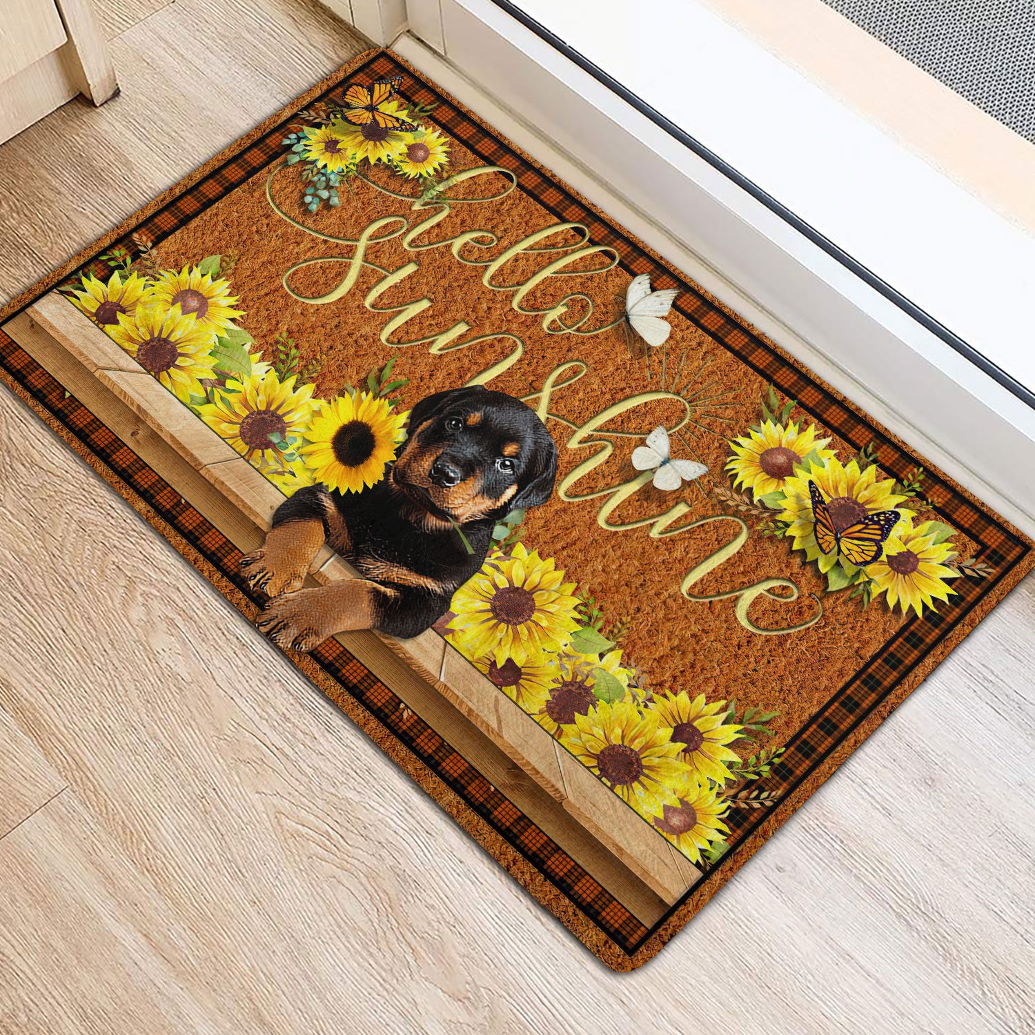 Ohaprints-Doormat-Outdoor-Indoor-Rottweiler-Dog-Hello-Sunflower-Butterfly-Rubber-Door-Mat-1783-