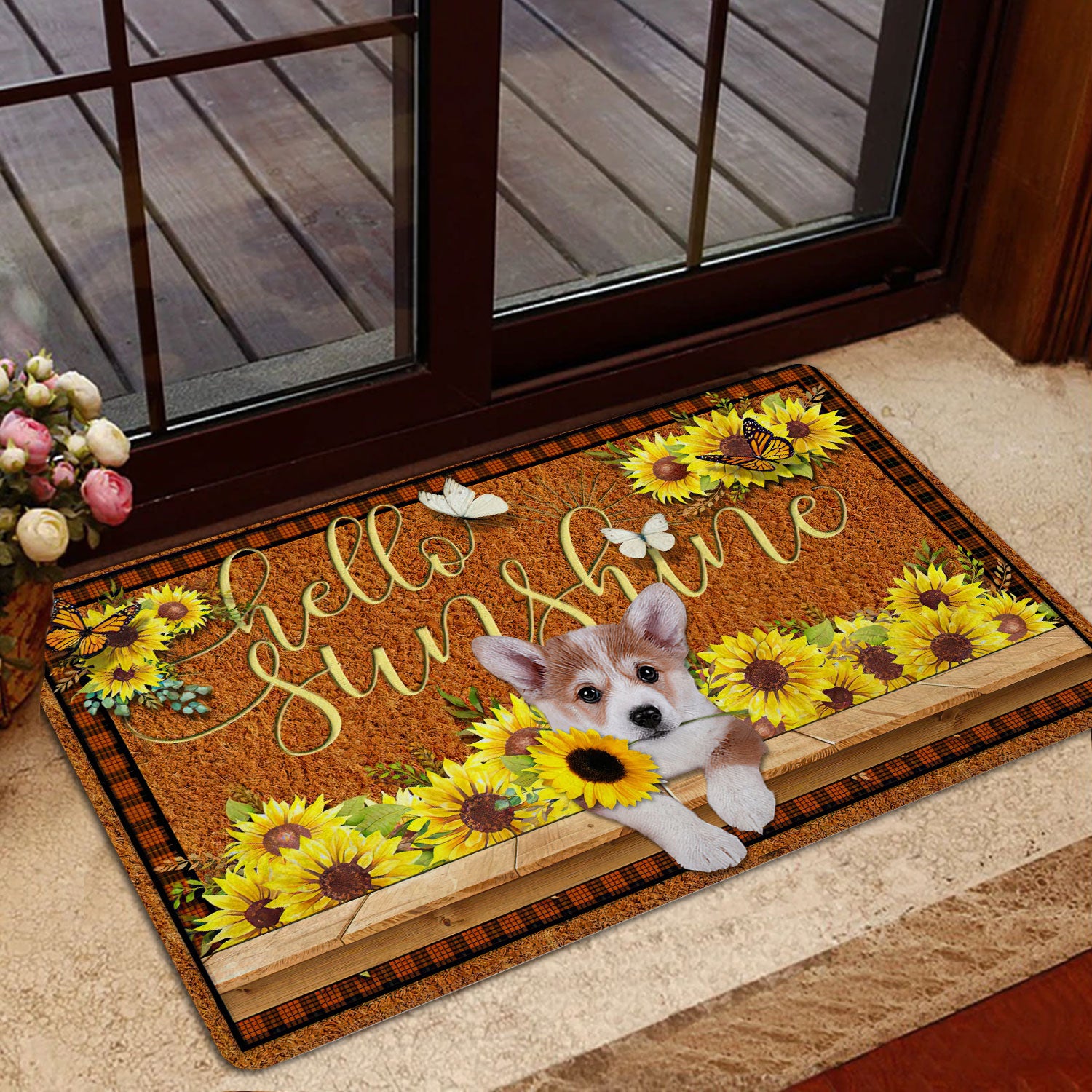 Ohaprints-Doormat-Outdoor-Indoor-Corgi-Dog-Hello-Sunflower-Butterfly-Rubber-Door-Mat-1786-