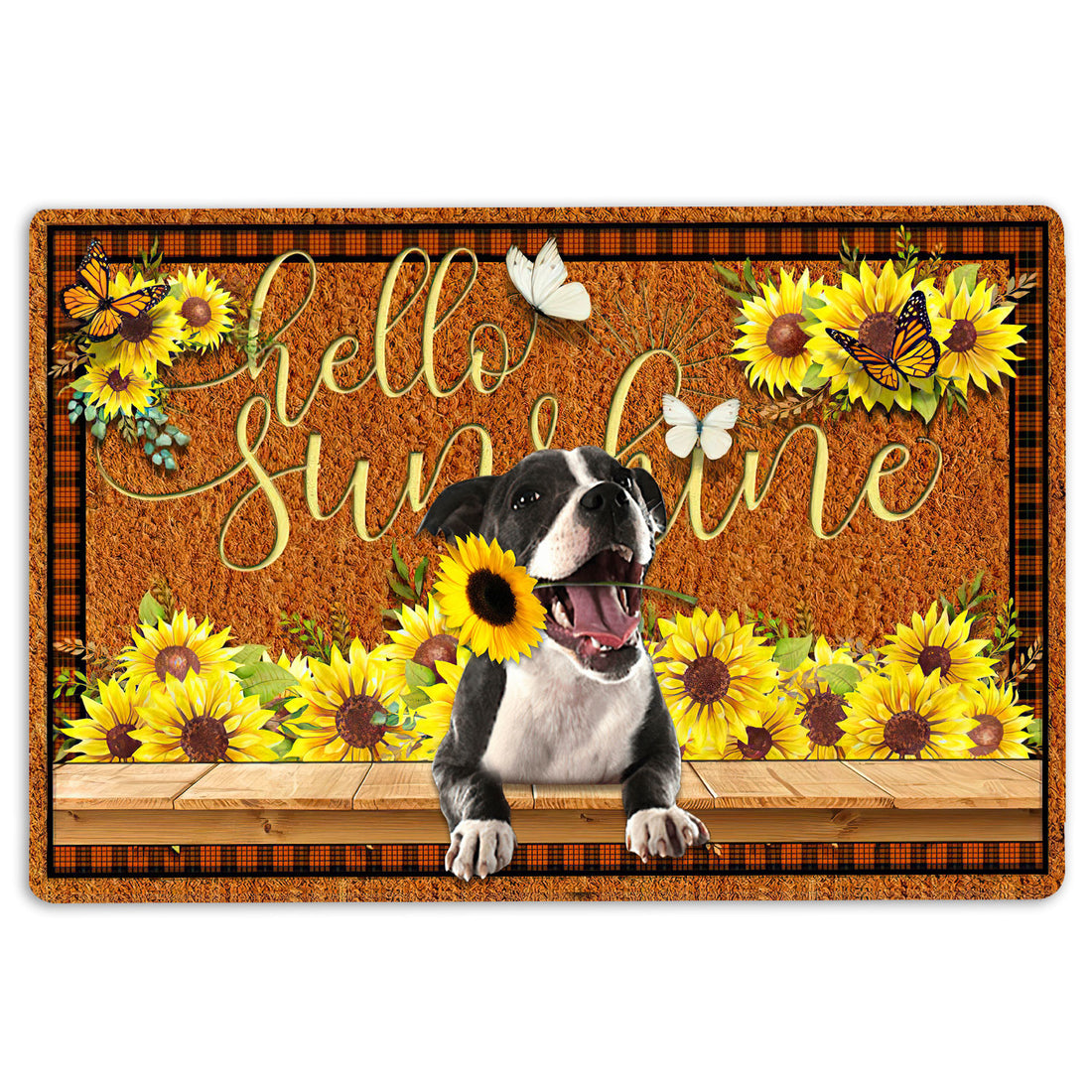 Ohaprints-Doormat-Outdoor-Indoor-Staffordshire-Bull-Terrier-Dog-Hello-Sunflower-Rubber-Door-Mat-1787-18'' x 30''