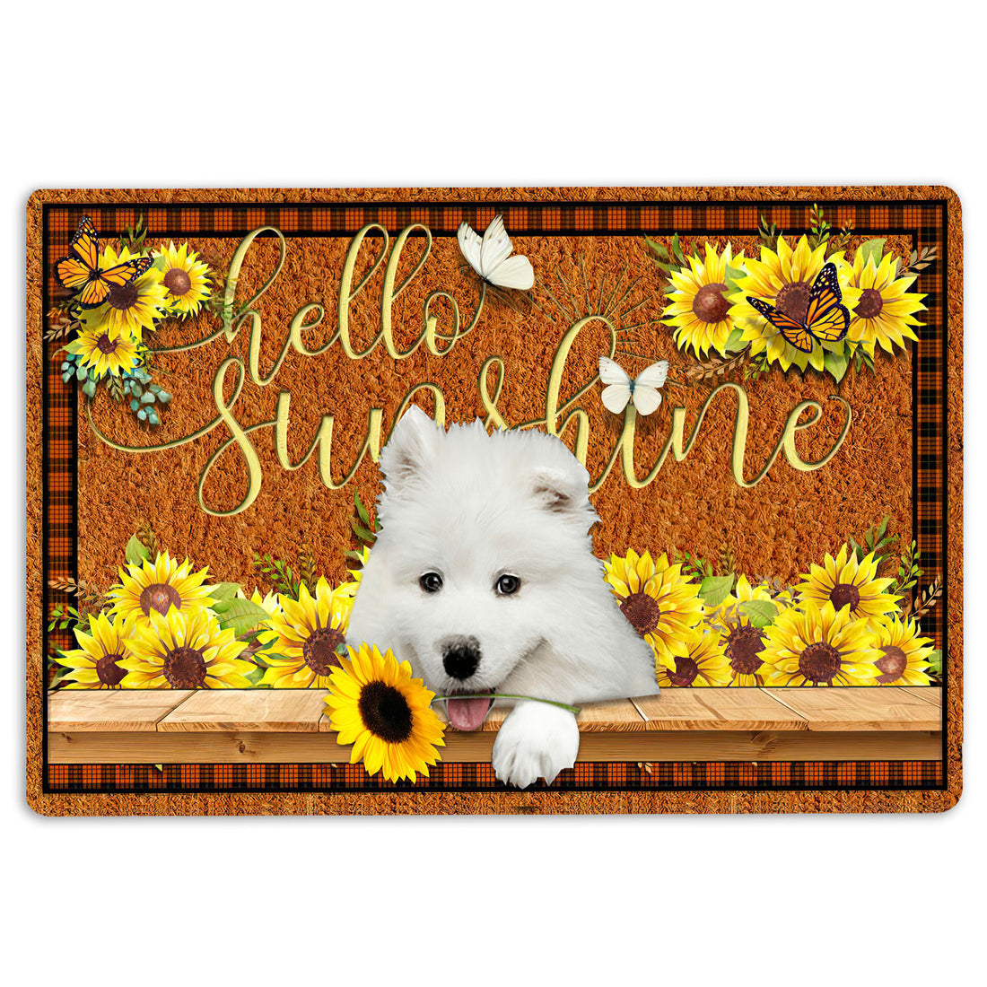 Ohaprints-Doormat-Outdoor-Indoor-Samoyed-Dog-Hello-Sunflower-Butterfly-Rubber-Door-Mat-1788-18'' x 30''