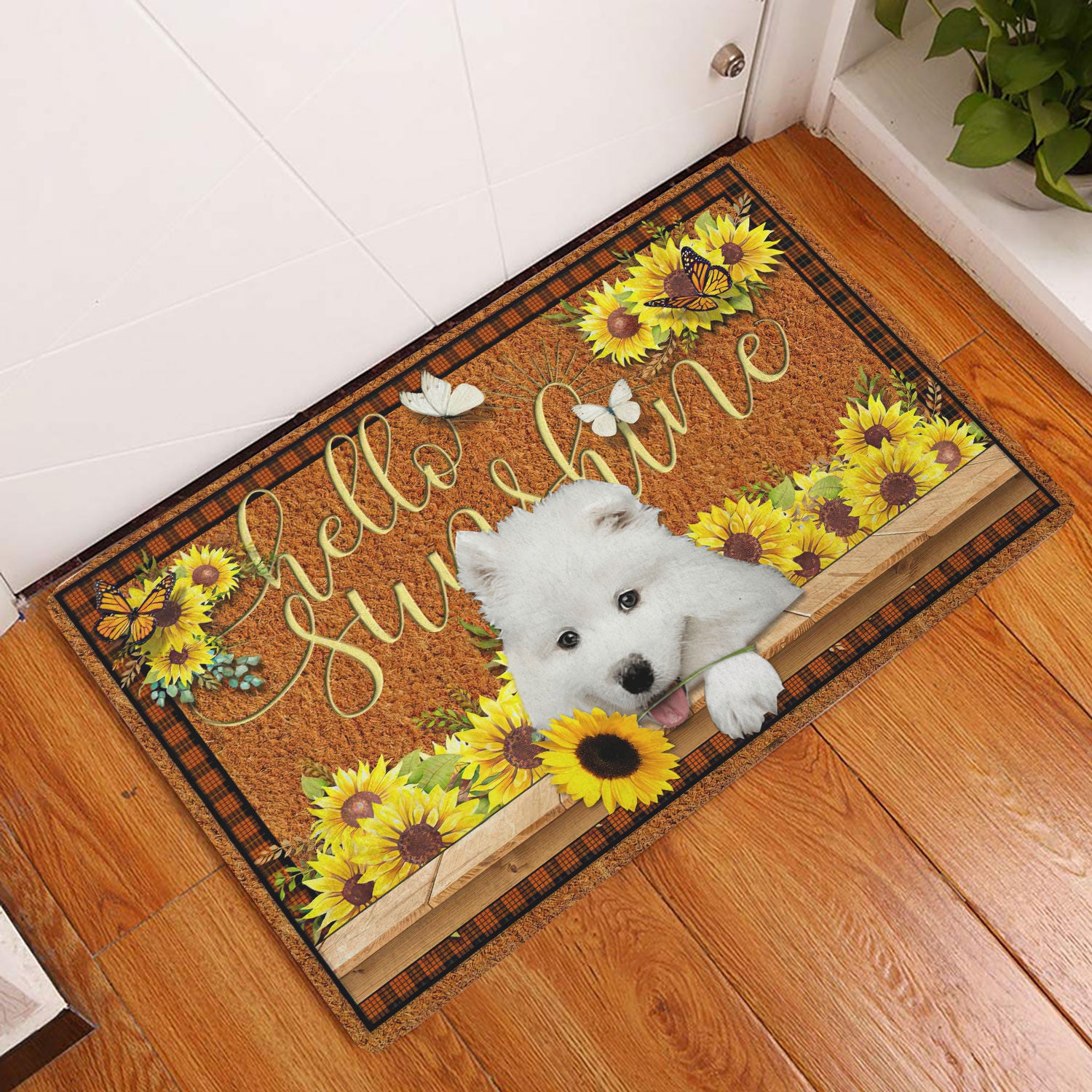 Ohaprints-Doormat-Outdoor-Indoor-Samoyed-Dog-Hello-Sunflower-Butterfly-Rubber-Door-Mat-1788-