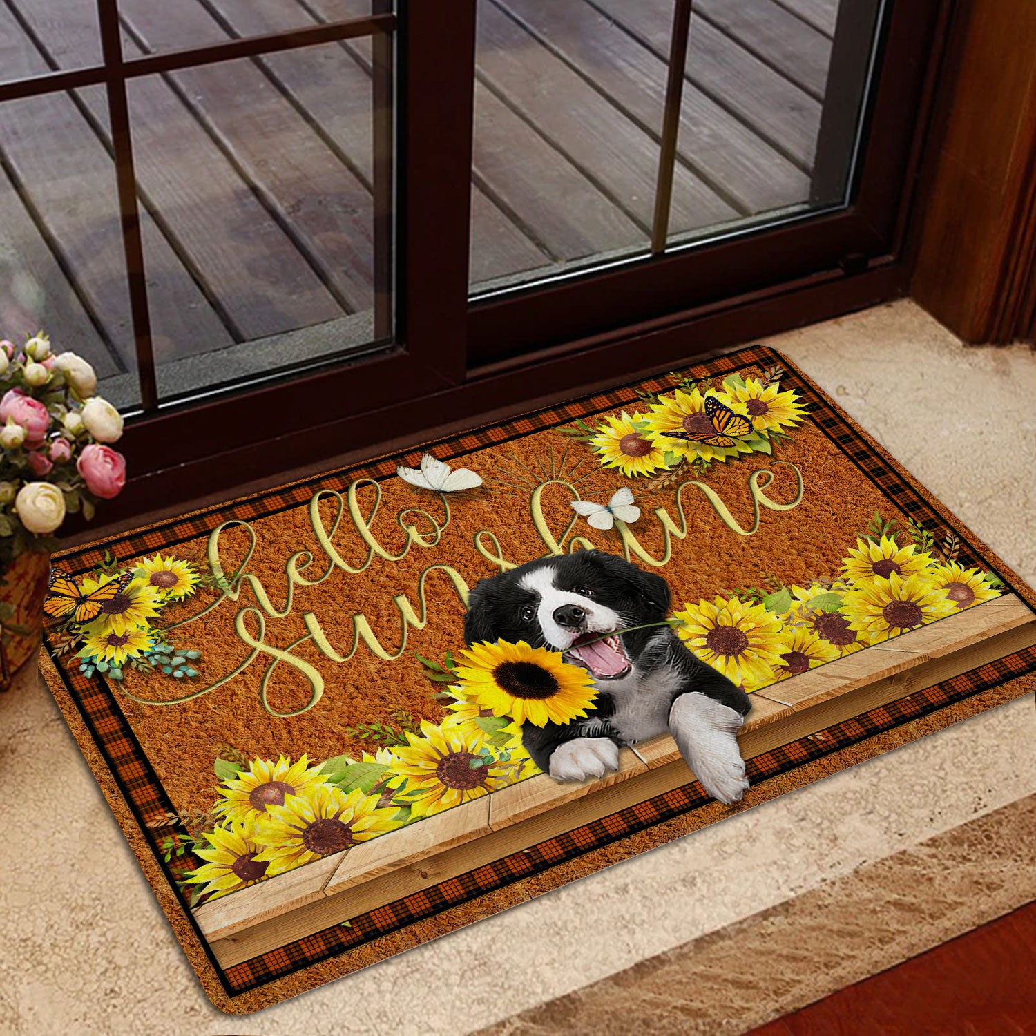 Ohaprints-Doormat-Outdoor-Indoor-St-Bernard-Dog-Hello-Sunflower-Butterfly-Rubber-Door-Mat-1789-