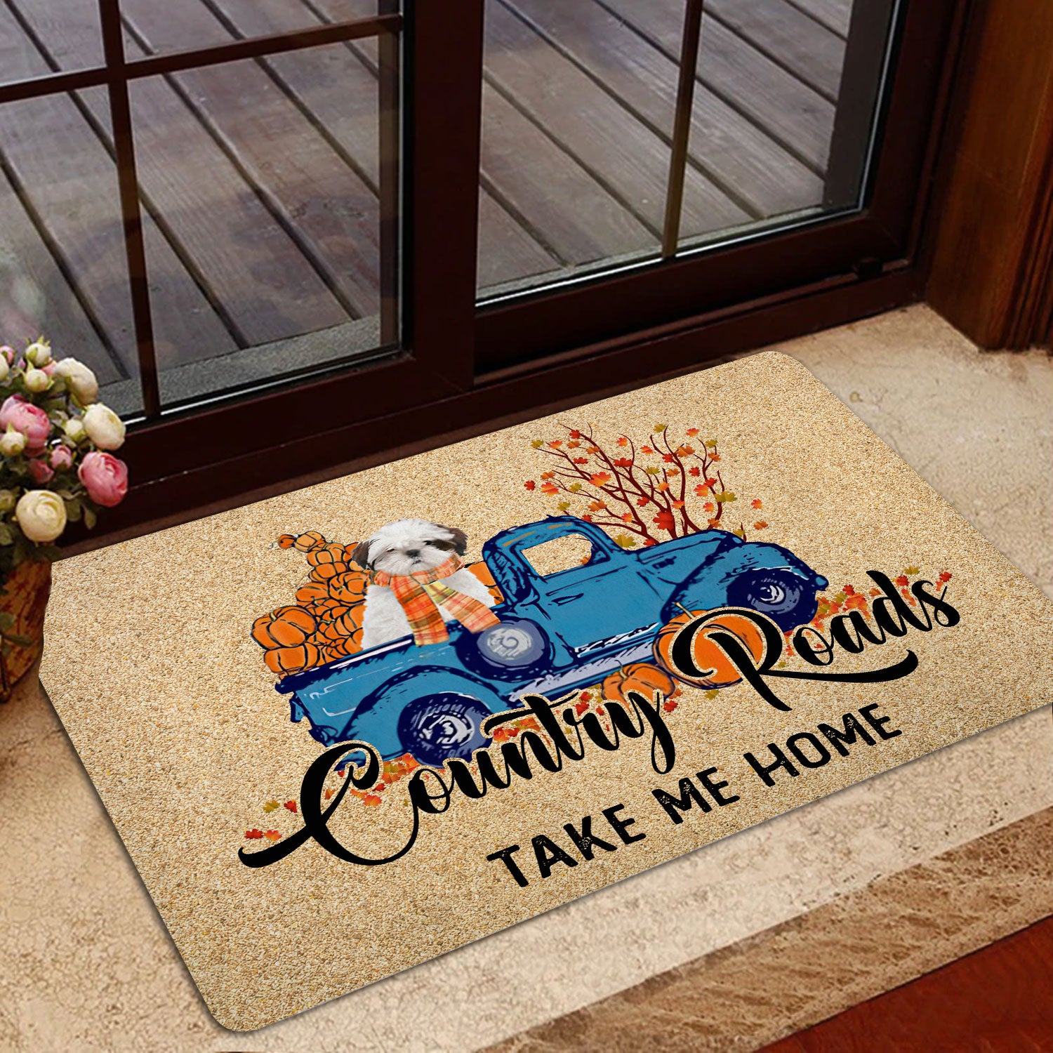 Ohaprints-Doormat-Outdoor-Indoor-Shih-Tzu-Shitzu-Dog-Country-Road-Take-Me-Home-Fall-Pumpkins-Rubber-Door-Mat-1829-