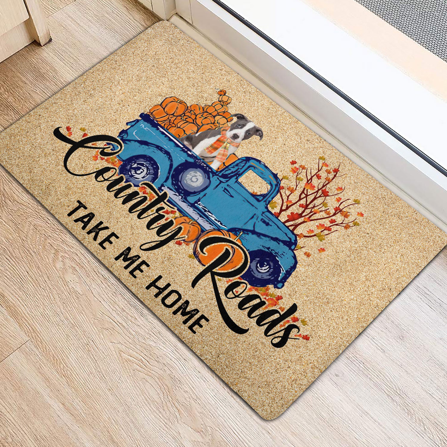 Ohaprints-Doormat-Outdoor-Indoor-Pitbull-Dog-Country-Road-Take-Me-Home-Fall-Pumpkins-Autumn-Rubber-Door-Mat-1838-