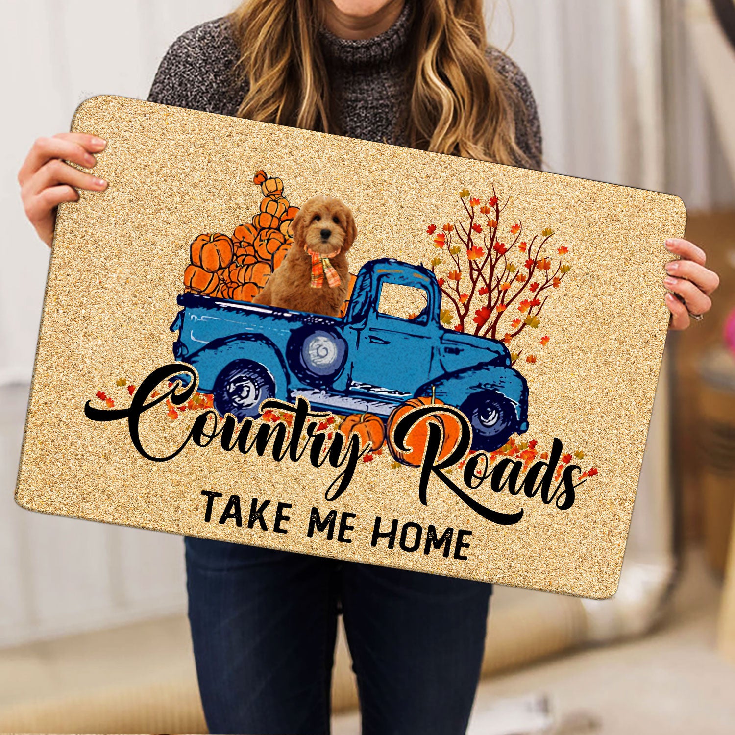 Ohaprints-Doormat-Outdoor-Indoor-Goldendoodle-Dog-Country-Road-Take-Me-Home-Fall-Pumpkins-Autumn-Rubber-Door-Mat-1846-