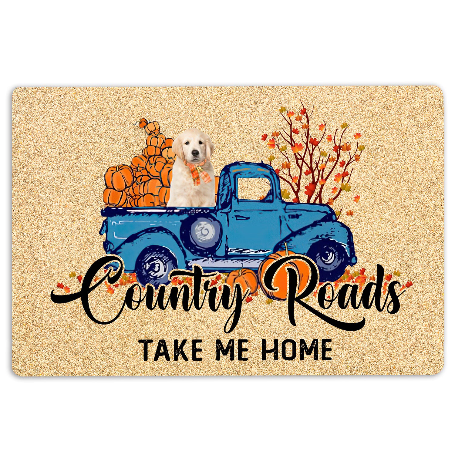 Ohaprints-Doormat-Outdoor-Indoor-Golden-Retriever-Country-Road-Take-Me-Home-Fall-Pumpkins-Autumn-Rubber-Door-Mat-1849-18'' x 30''